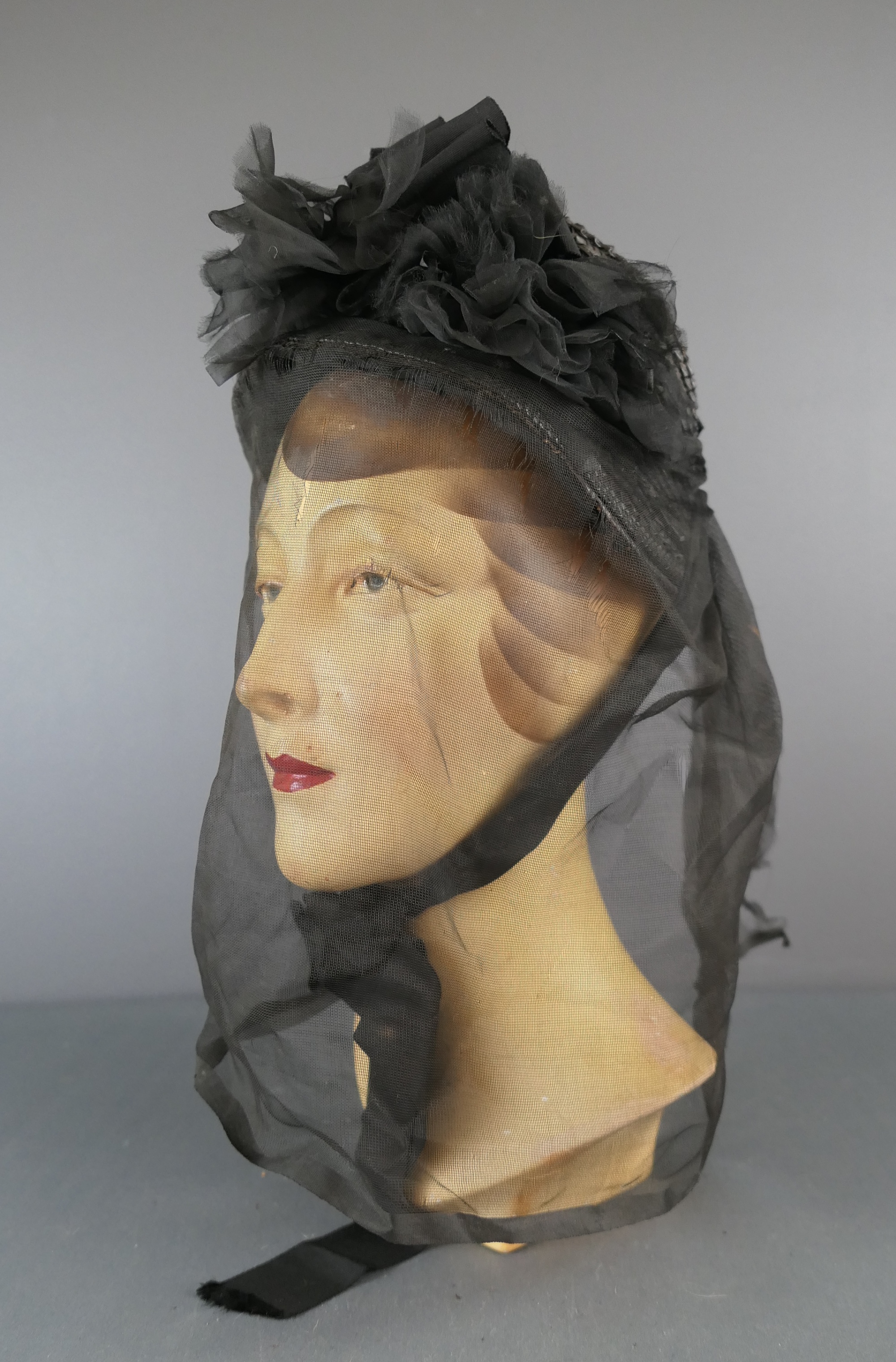 Antique Victorian Mourning Hat Black Straw with Veil and Chiffon, issues