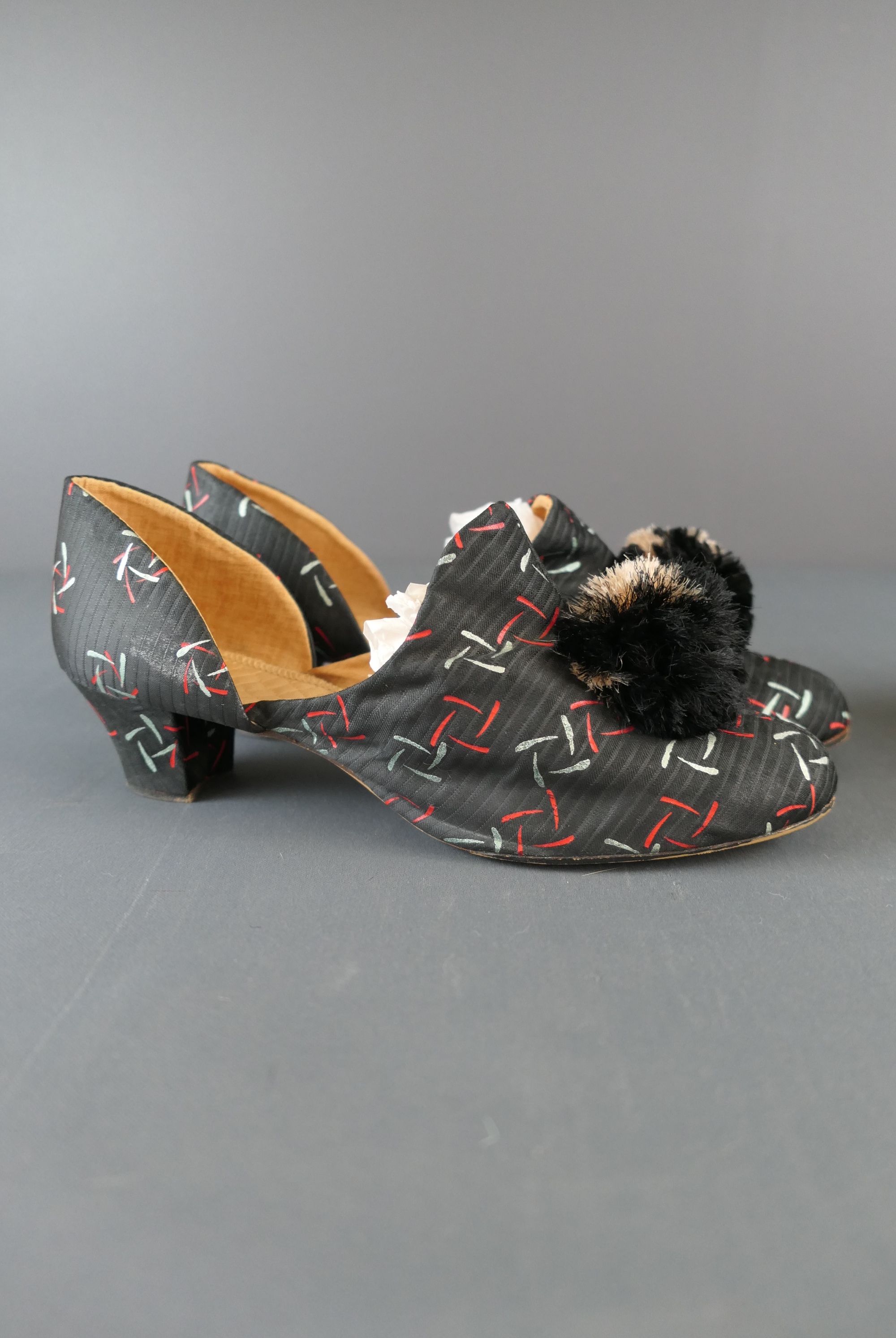 Vintage 1930s Black Silk Boudoir Slippers with Silk Pom poms, Art Deco, US sz 7-1/2