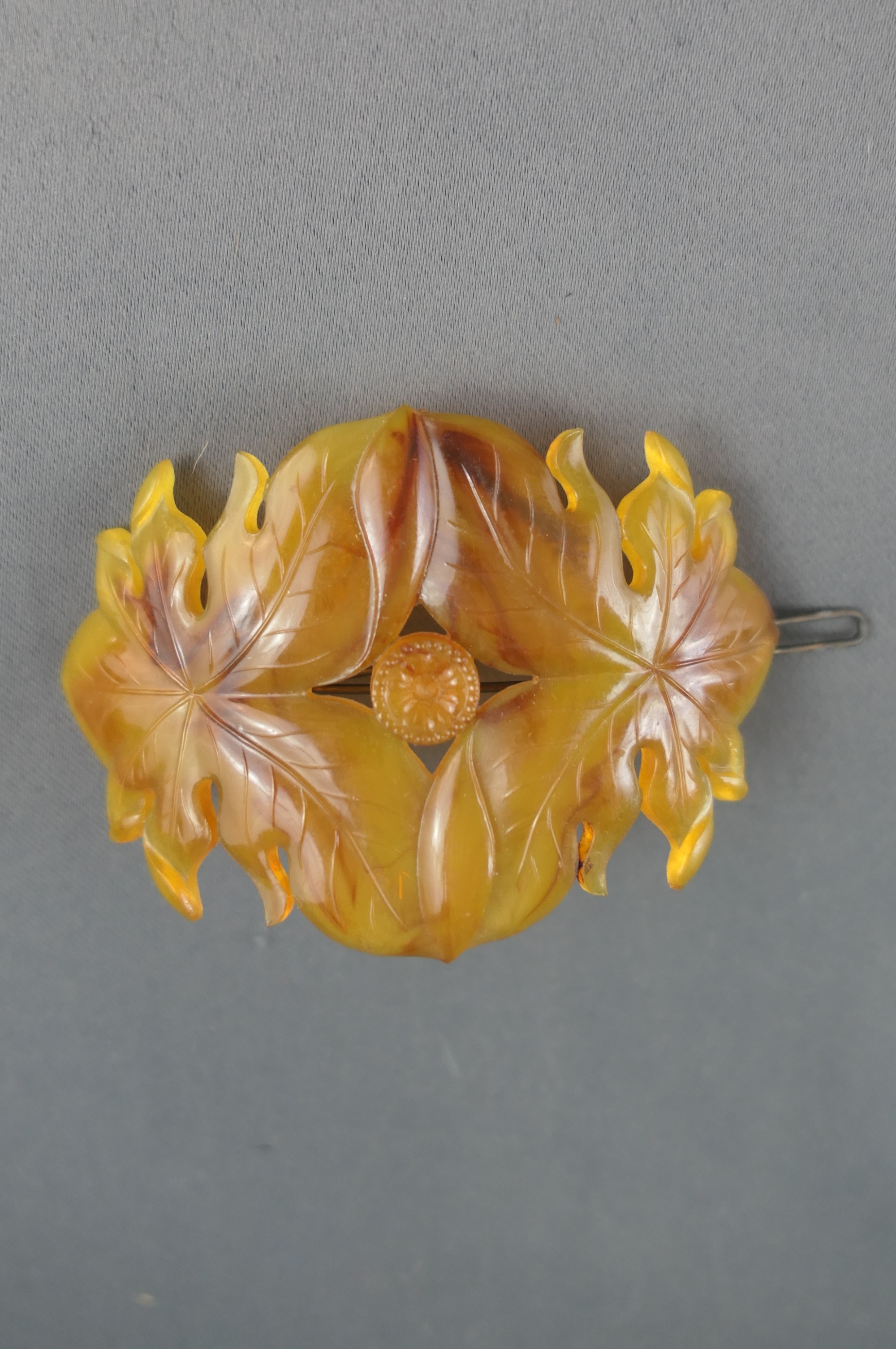 Vintage Hair Barrette Clip, 2 Leaves Tortoise Plastic, 3-1/2 inches 1950s