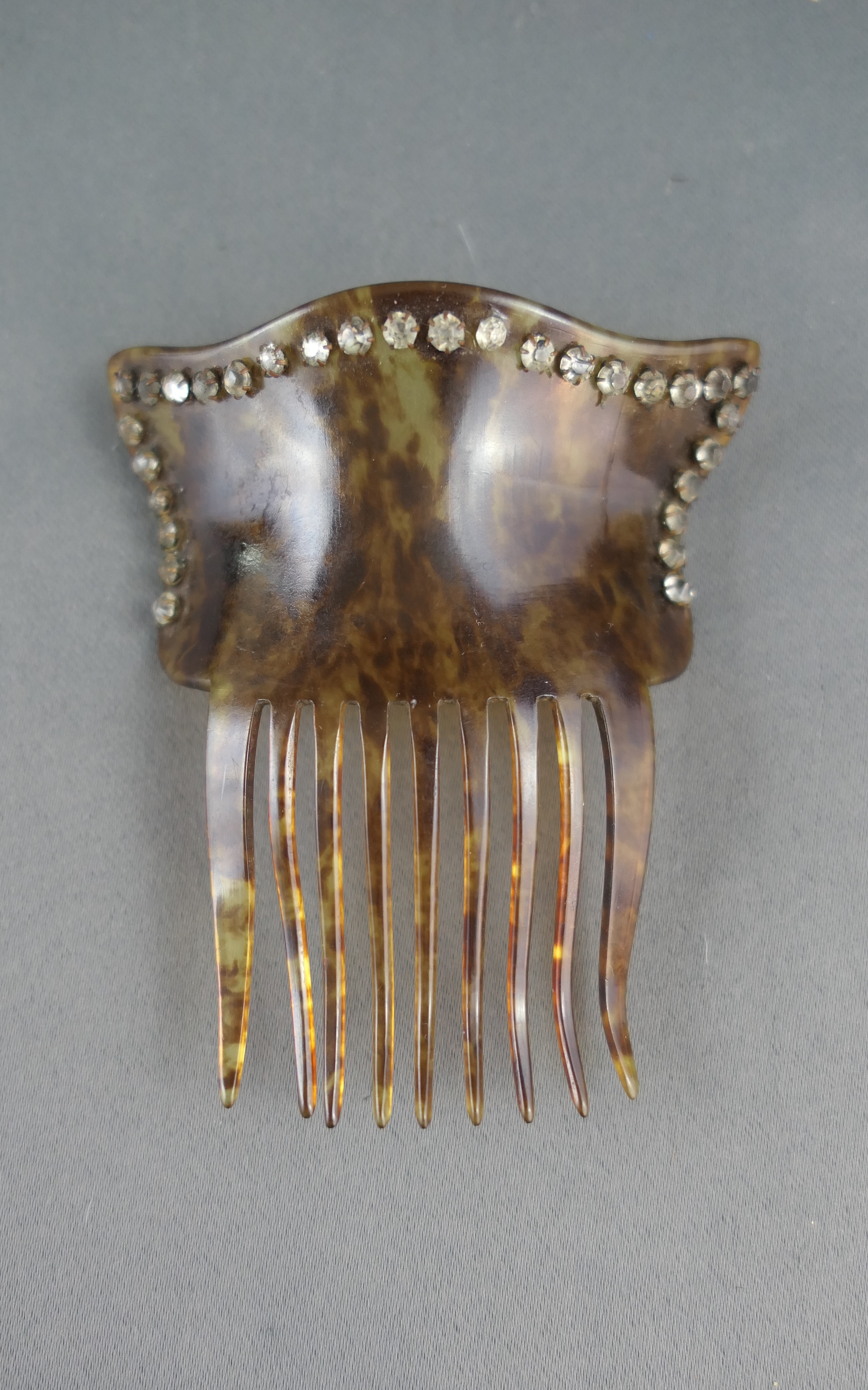 Vintage Hair Comb, Faux Tortoise Celluloid with Rhinestones, Antique 1910s