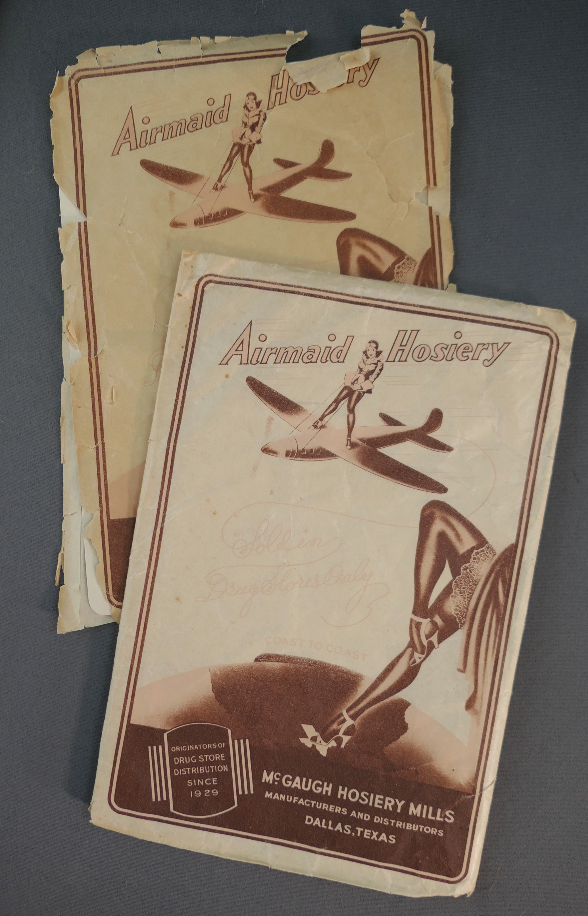 2 Empty Packages of Airmaid Hosiery 1940s Stockings, Great Advertising