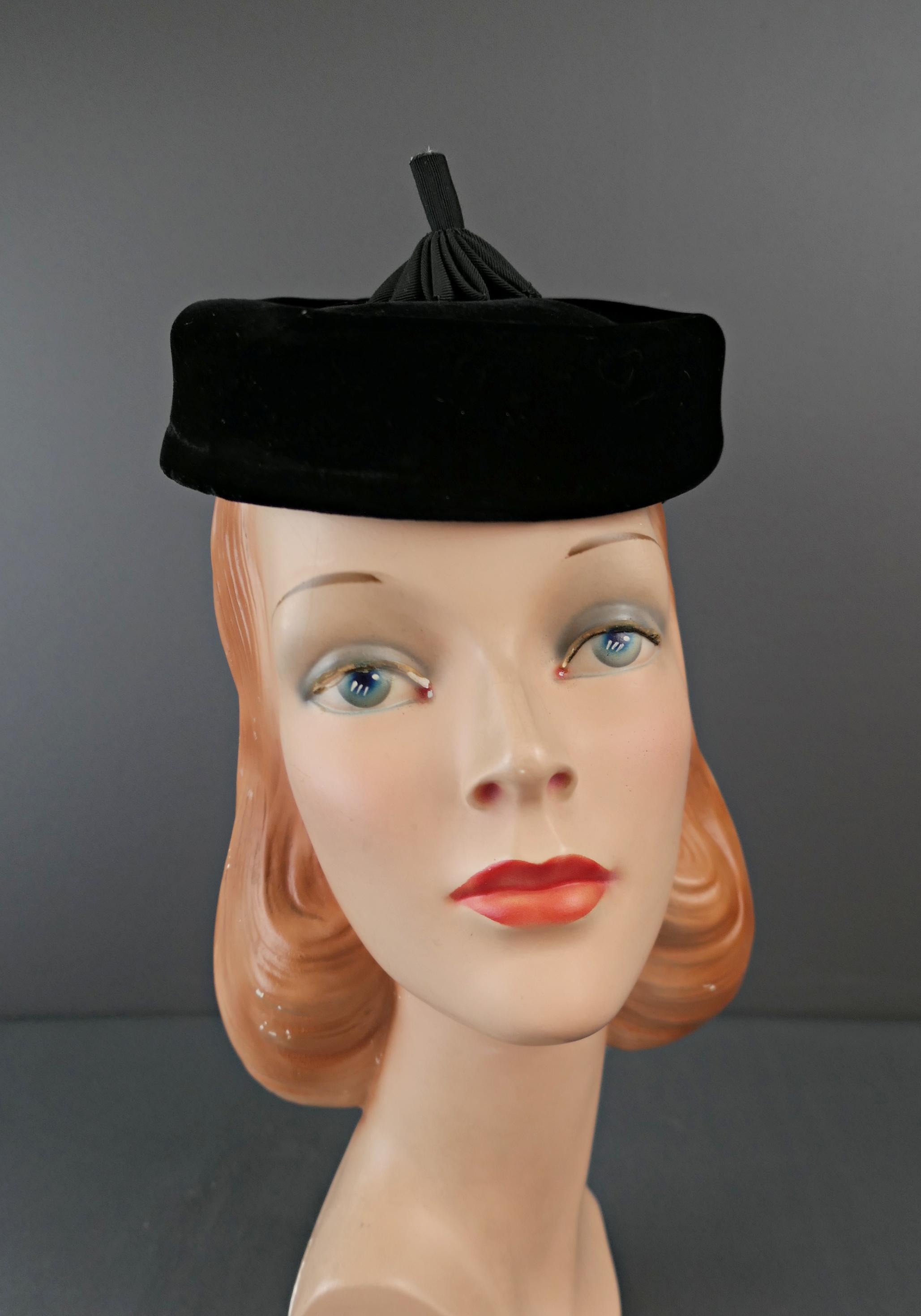 Vintage 1950s Black Velvet Topper Hat with Ribbon, fits any size head