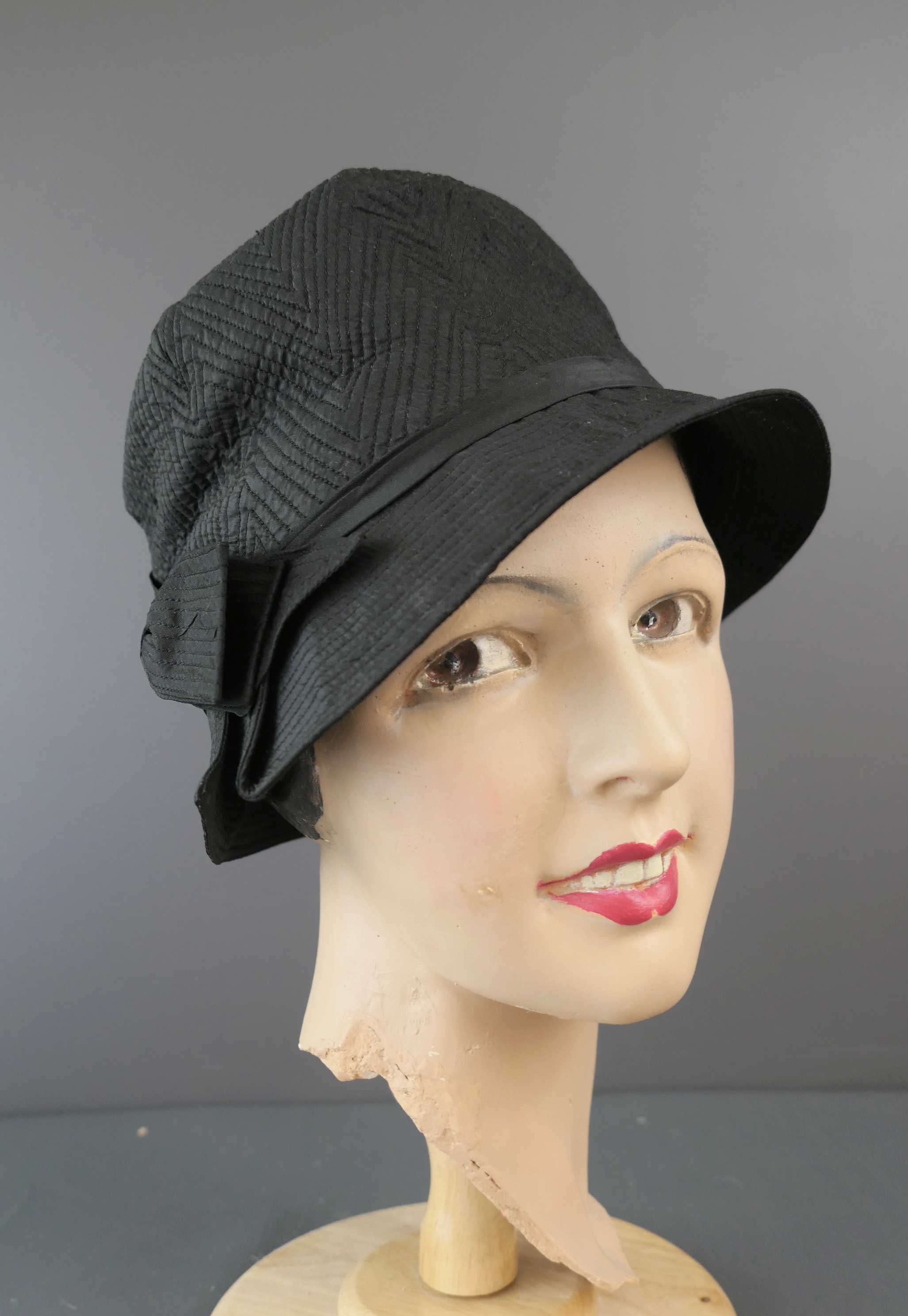 Vintage 1920s Black Cloche Hat Stitched Fabric, by Peerless, 22 inch head