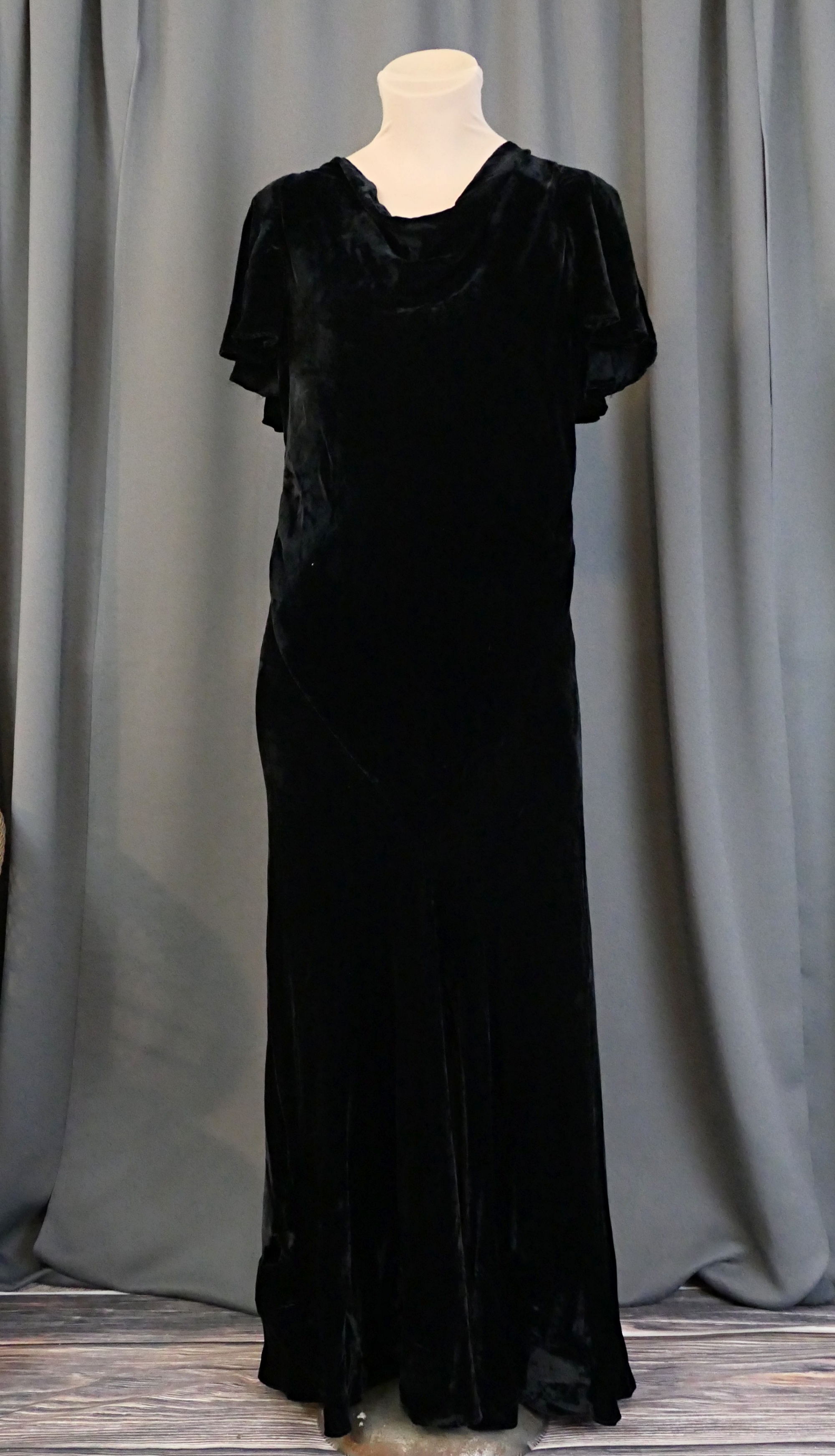 Long Black Velvet 1930s Evening Gown, DAMAGED, 34 bust Dress