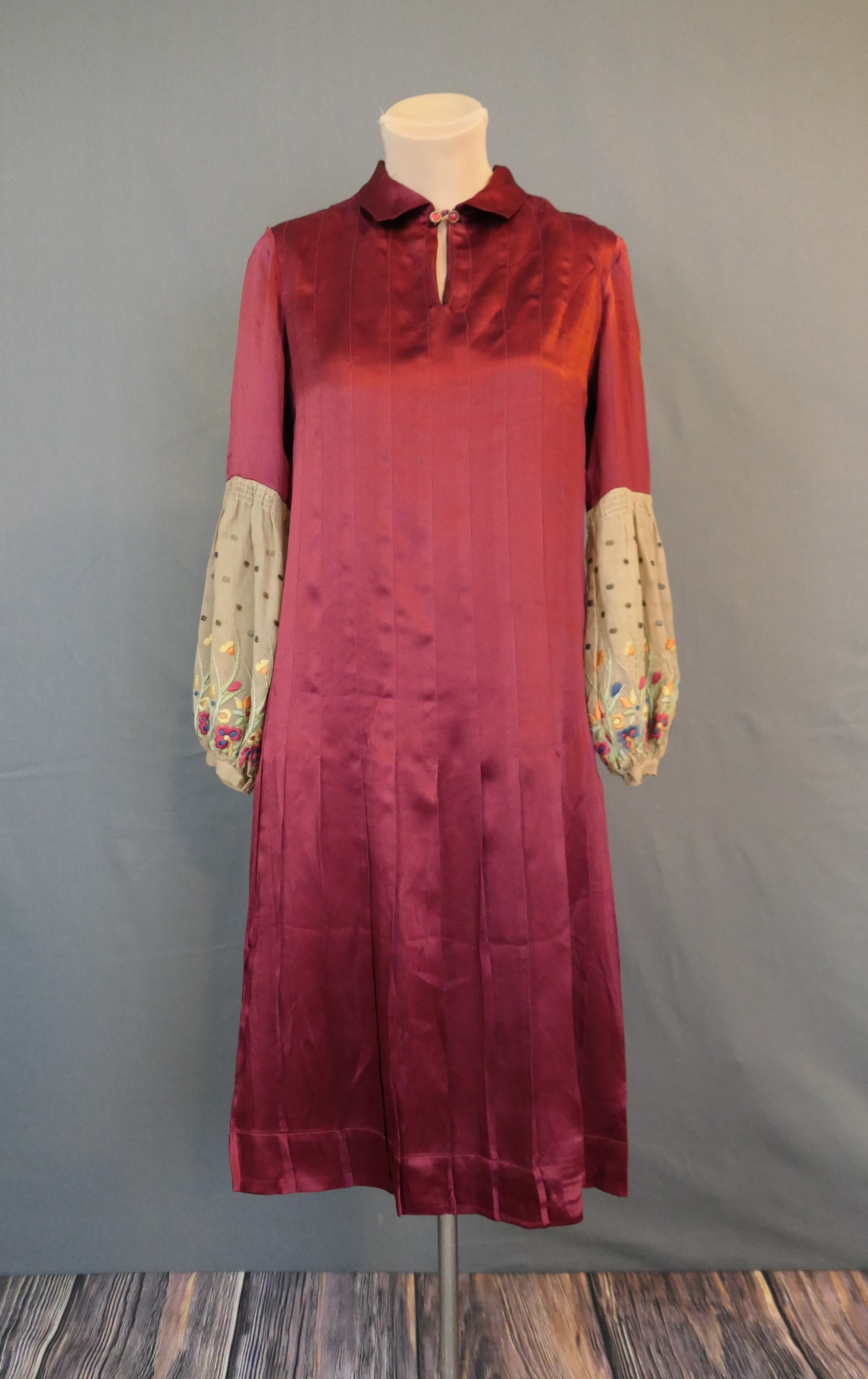 DAMAGED Vintage 1920s Burgundy Satin Dress with Embroidered Sleeves