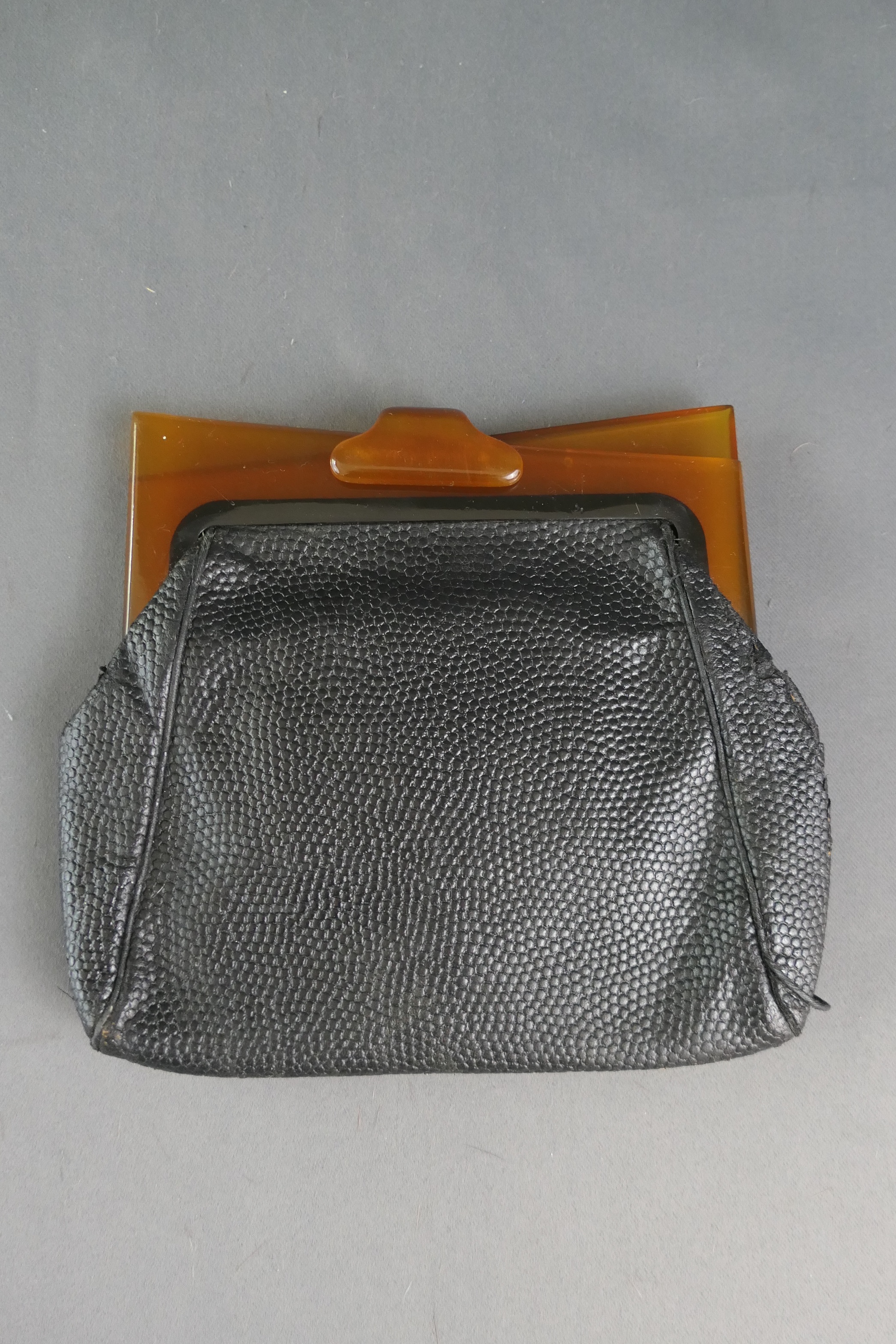 Vintage 1930s Art Deco Clutch Purse DAMAGED, Black Leather and Brown Bakelite