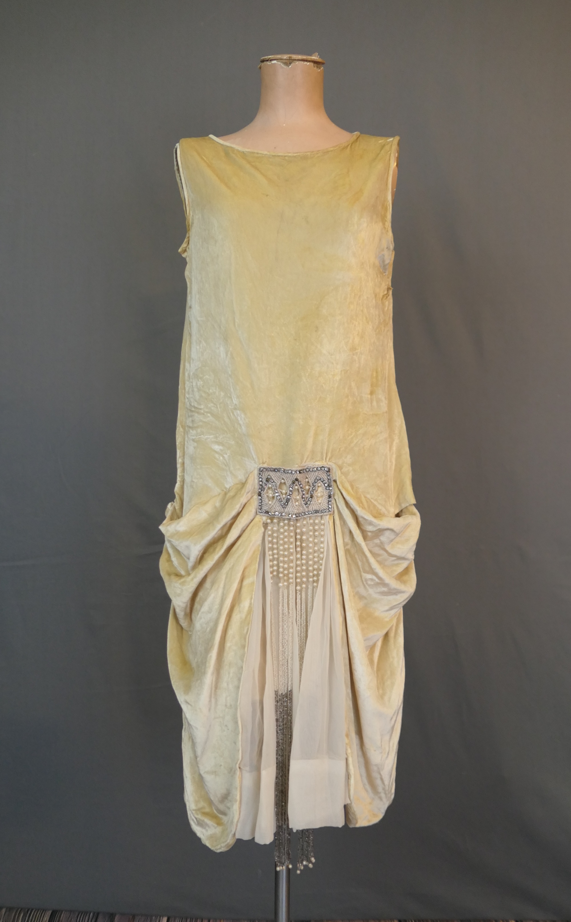 Vintage 1920s DAMAGED Velvet Dress with Beads, Wedding Rhinestones and Pearls, not wearable