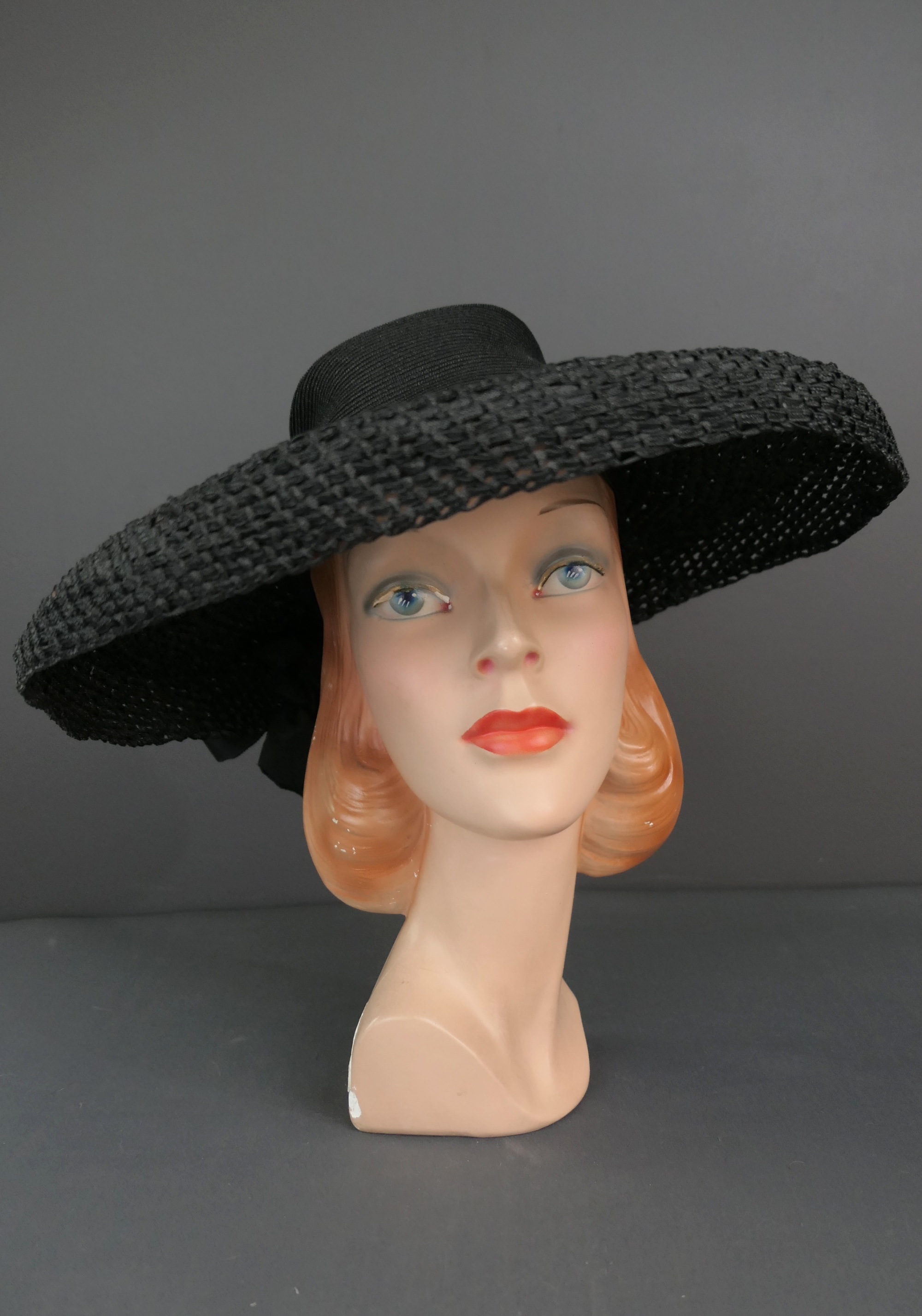 Vintage Black Straw Saucer Hat  1940s, 16 inches, 22.5 inch head
