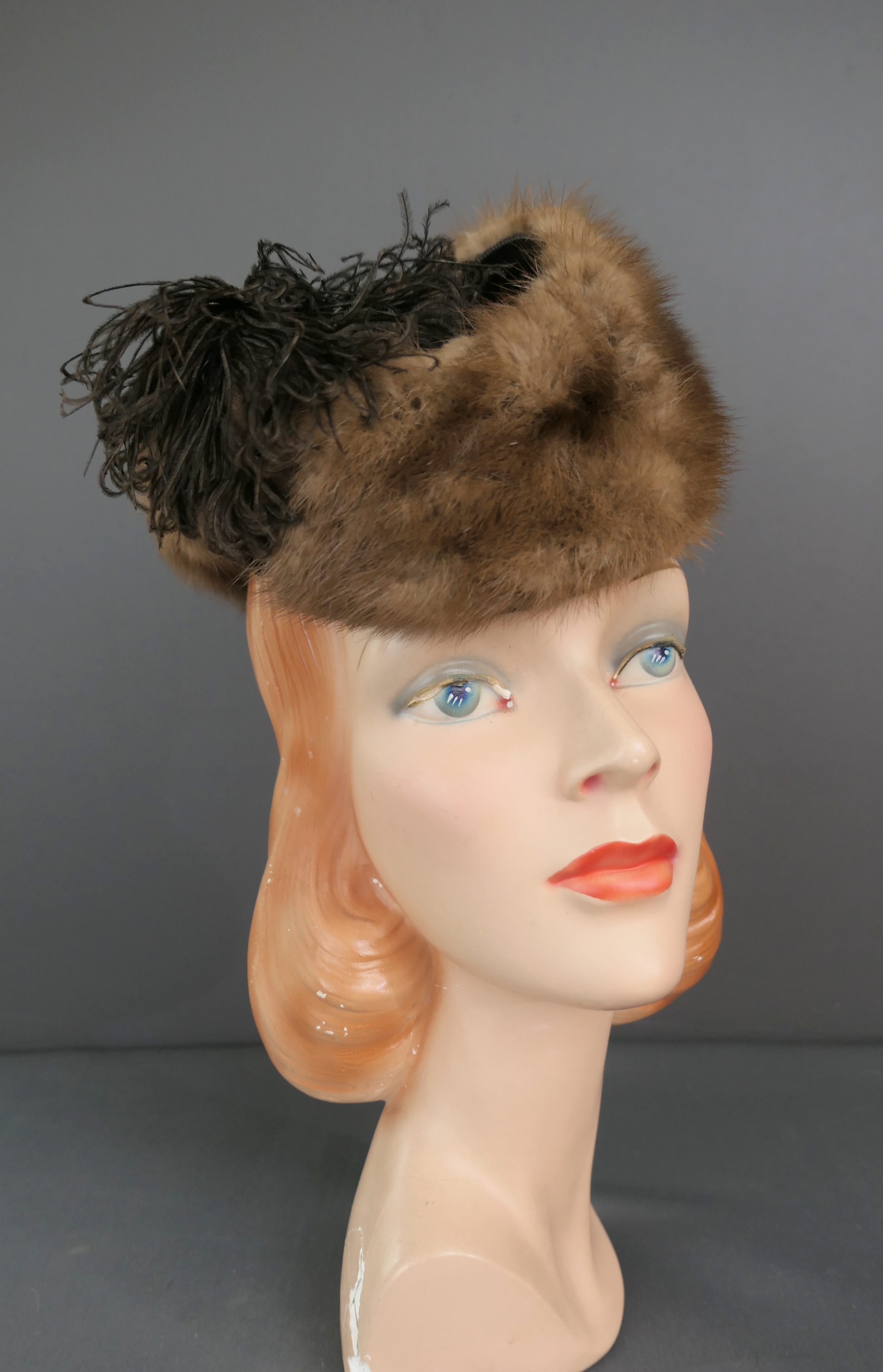 Vintage Mink Fur Tilt Topper Hat, 1940s Brown Felt with Feathers  too
