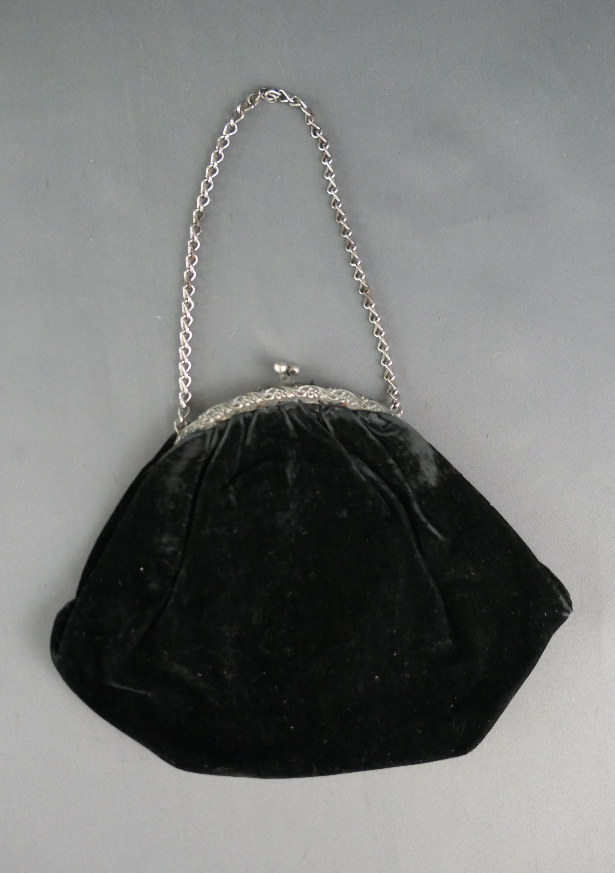 Vintage 1920s Black Velvet Purse with Silver Tone Floral Frame, issues