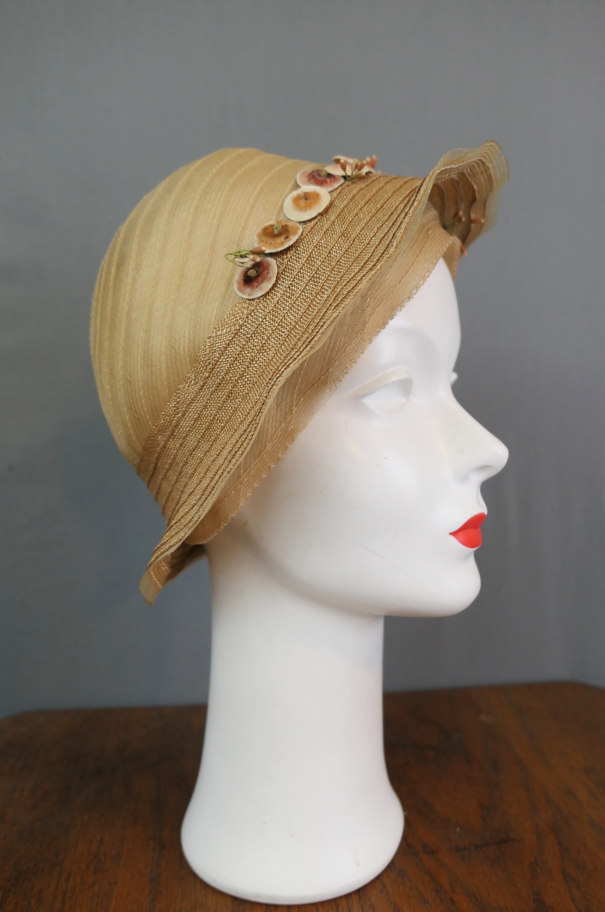 Vintage 1920s 1930s Sheer Mesh and Straw Hat Cloche with Flowers, 23 inch head