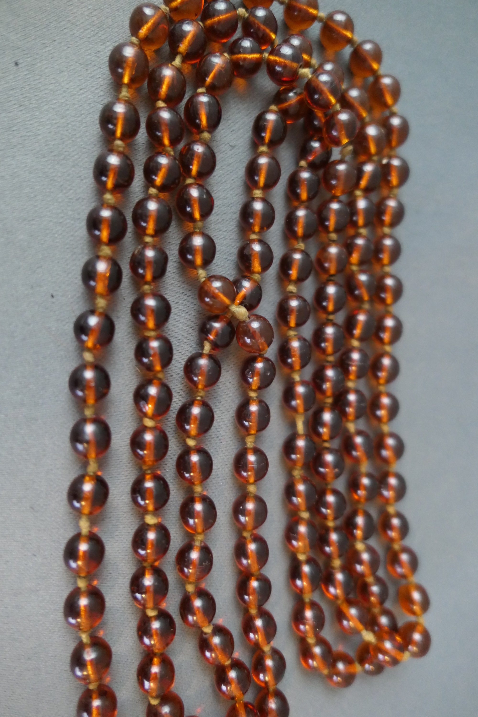 Long Vintage 1930s Necklace, 62 inches, Brown Orange Glass Beads, Hand Knotted