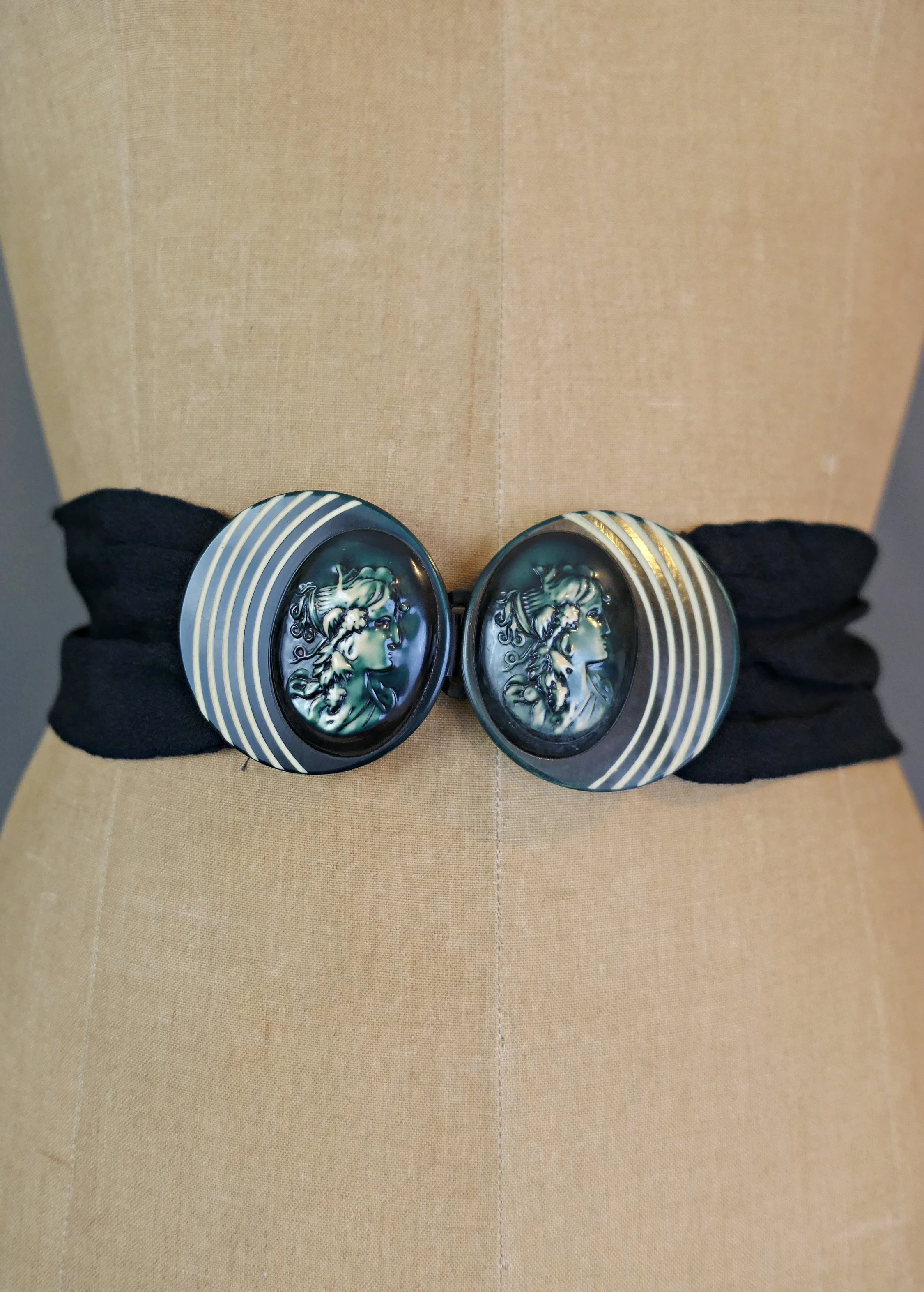 Vintage 1920s Greek Ladies Celluloid Belt Buckle on Crepe Dress Belt