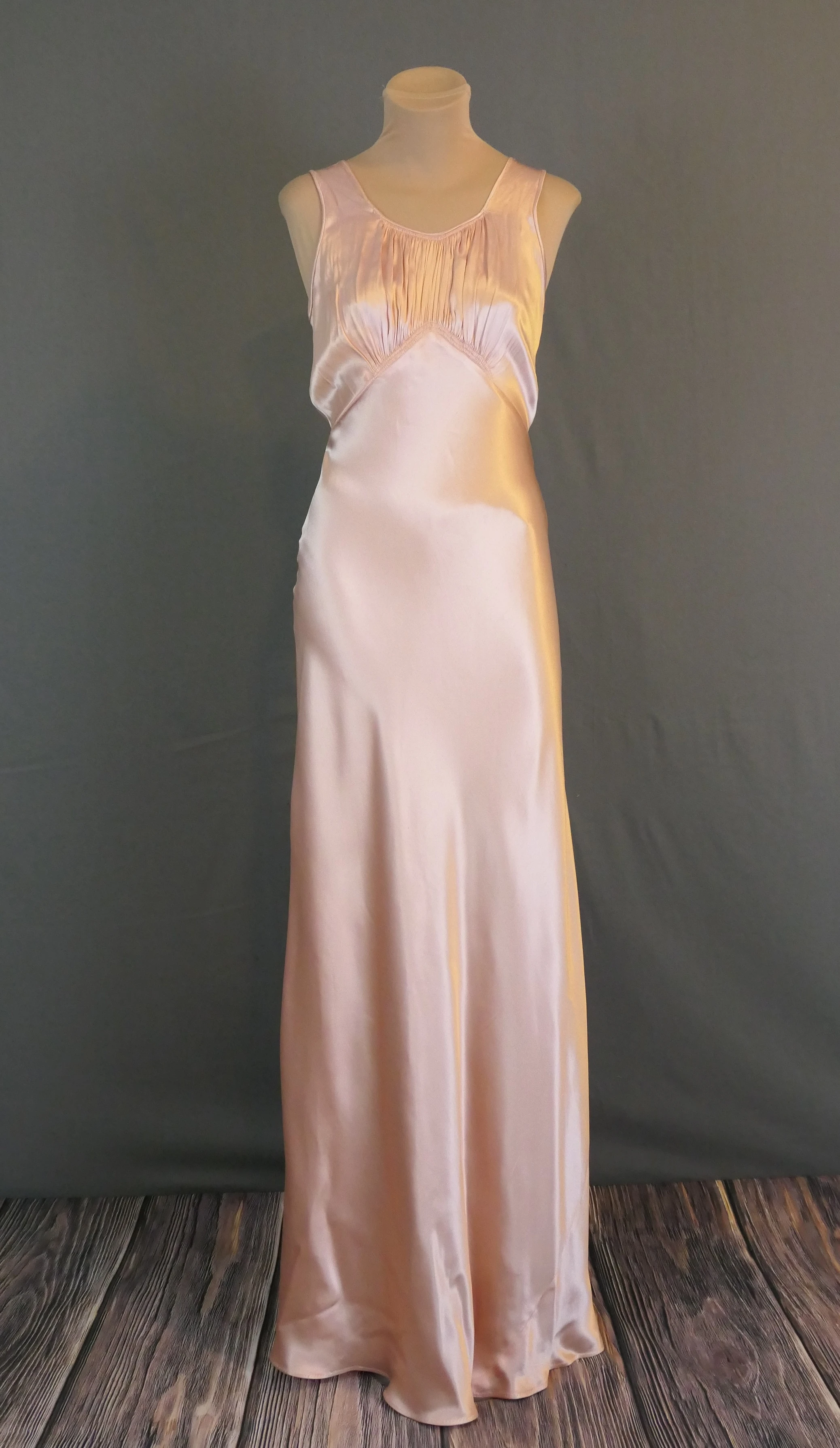 Vintage Pink Satin Gown, 1930s Bias Art Deco, 36 bust, 63 inches long