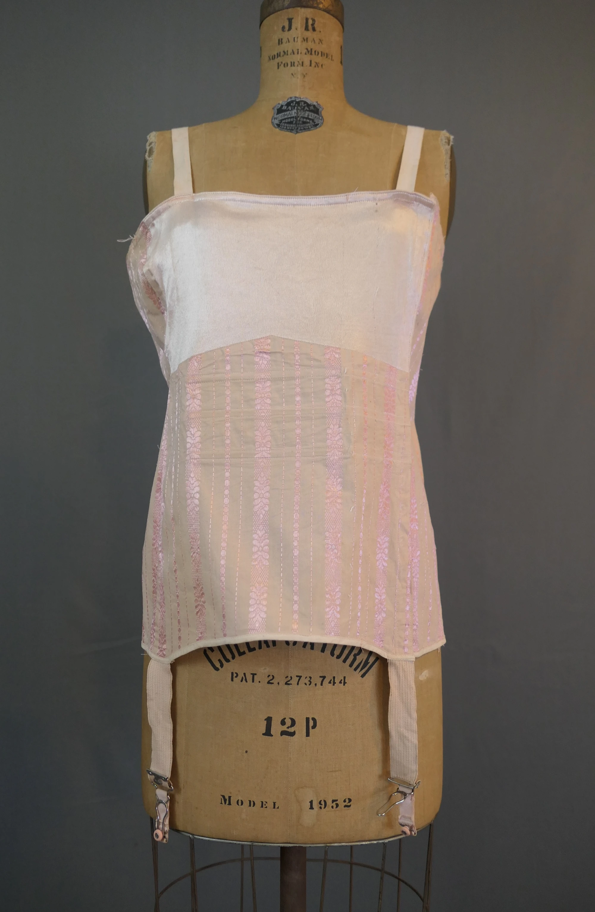 Vintage 1920s Peach Girdle Corset, Longline Garters, Bust flattening, large, Madame Grace