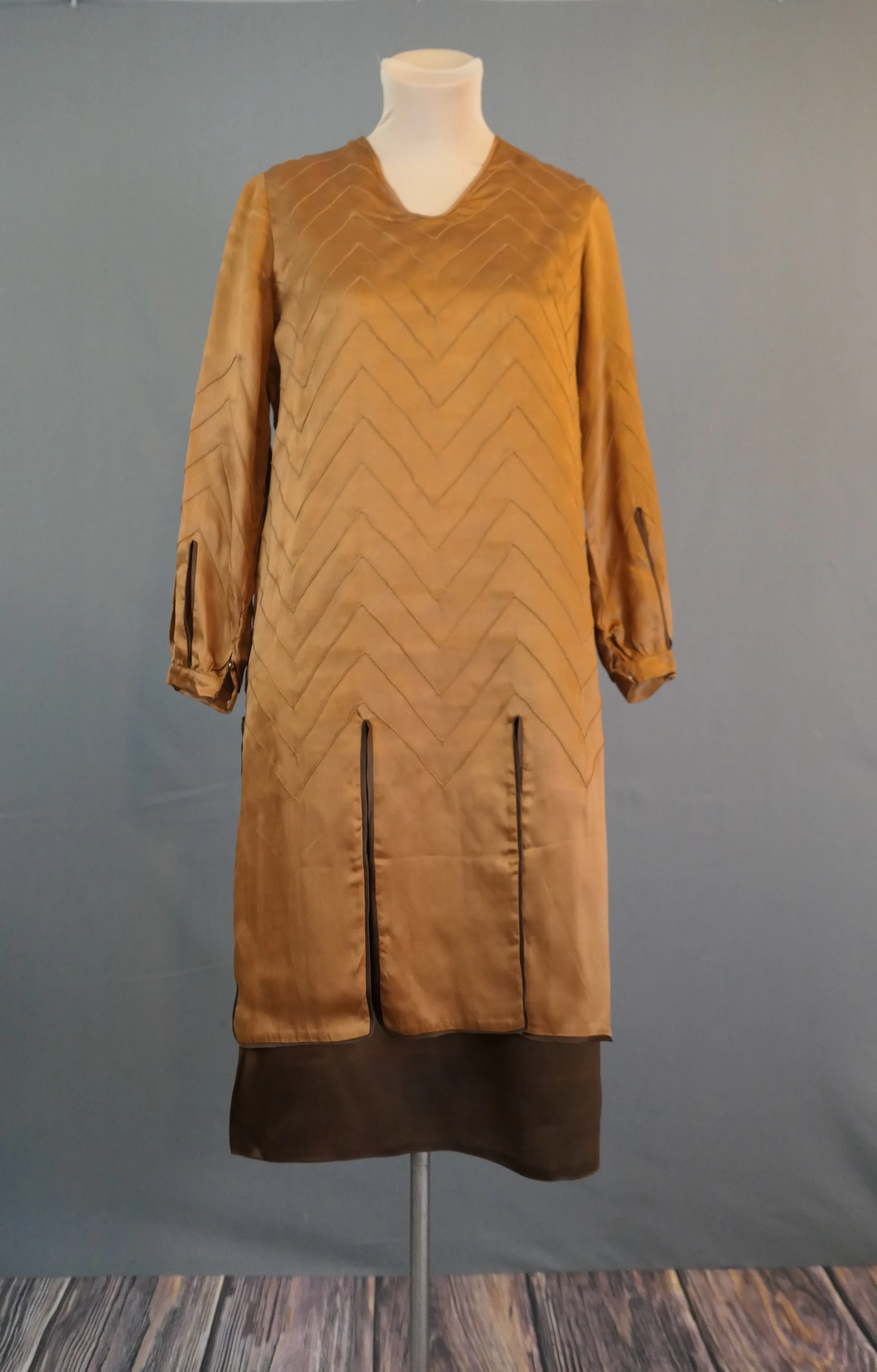 DAMAGED Vintage 2 Tone Brown Satin Dress 1920s Silk 2 Piece, fits 34 bust