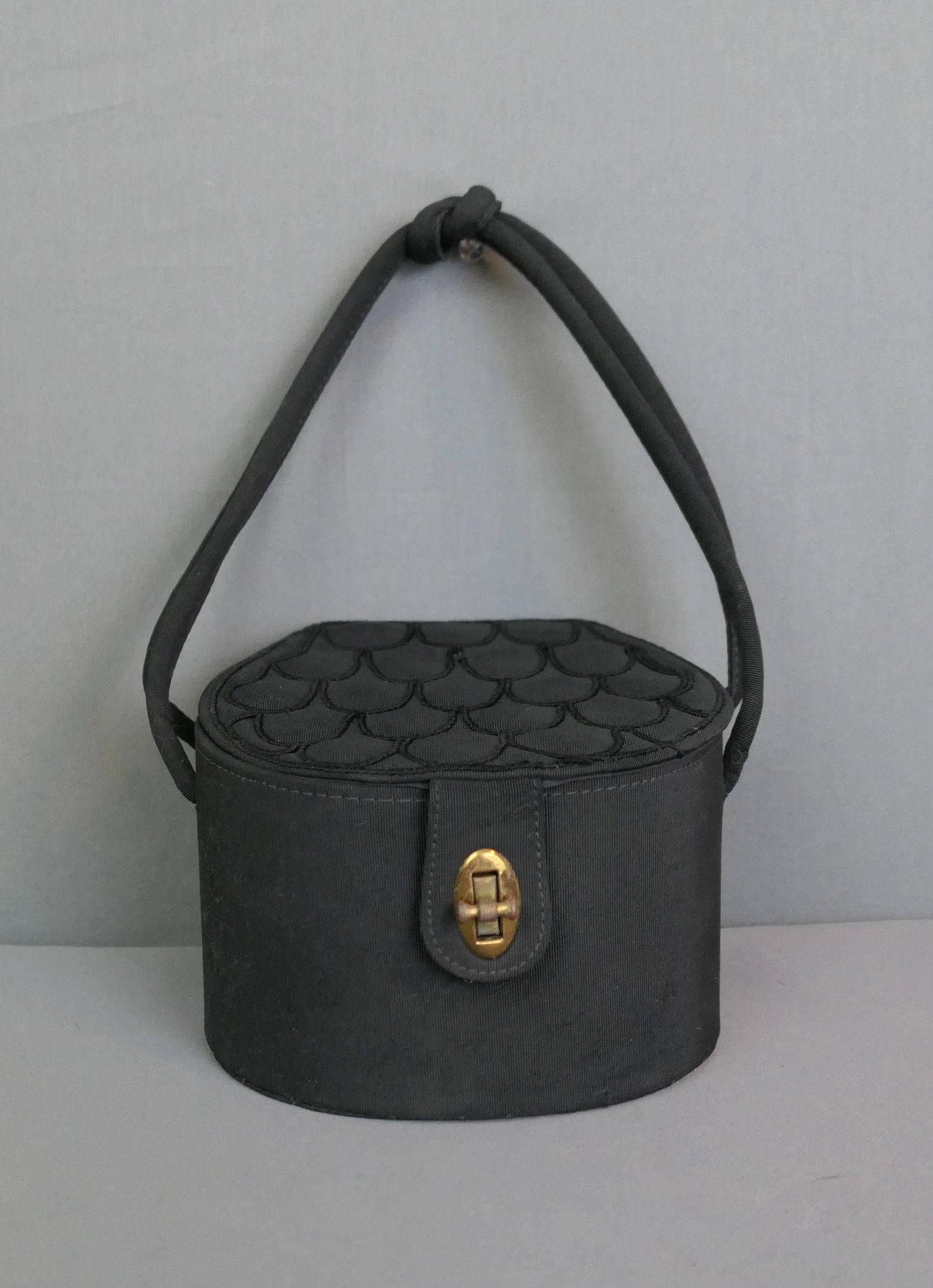 Vintage 1950s Black Rayon Purse, Box Bag, Quilted Scallop Top