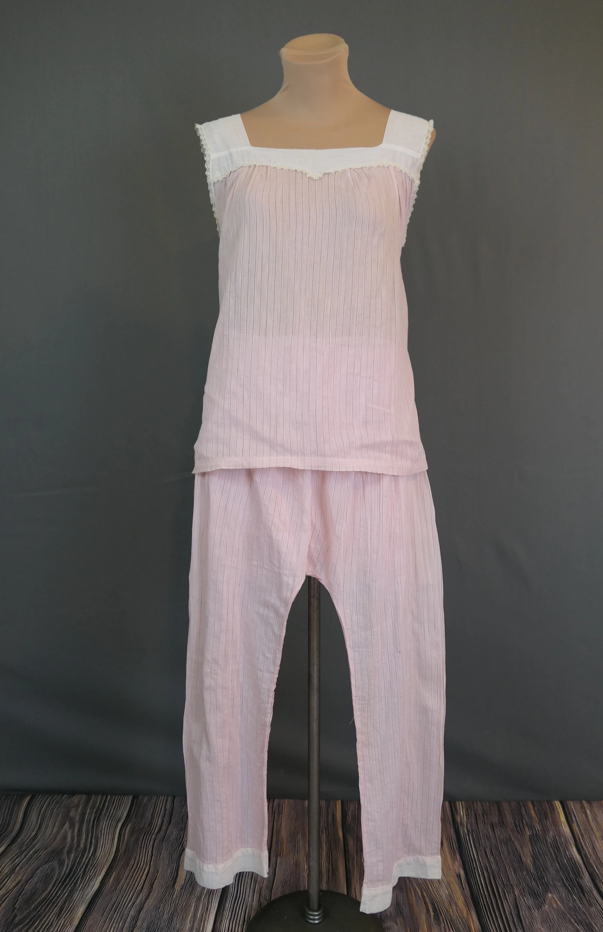 Vintage Pink Cotton Pajamas, 1920s 1930s, Sleeveless Top and Straight Pants