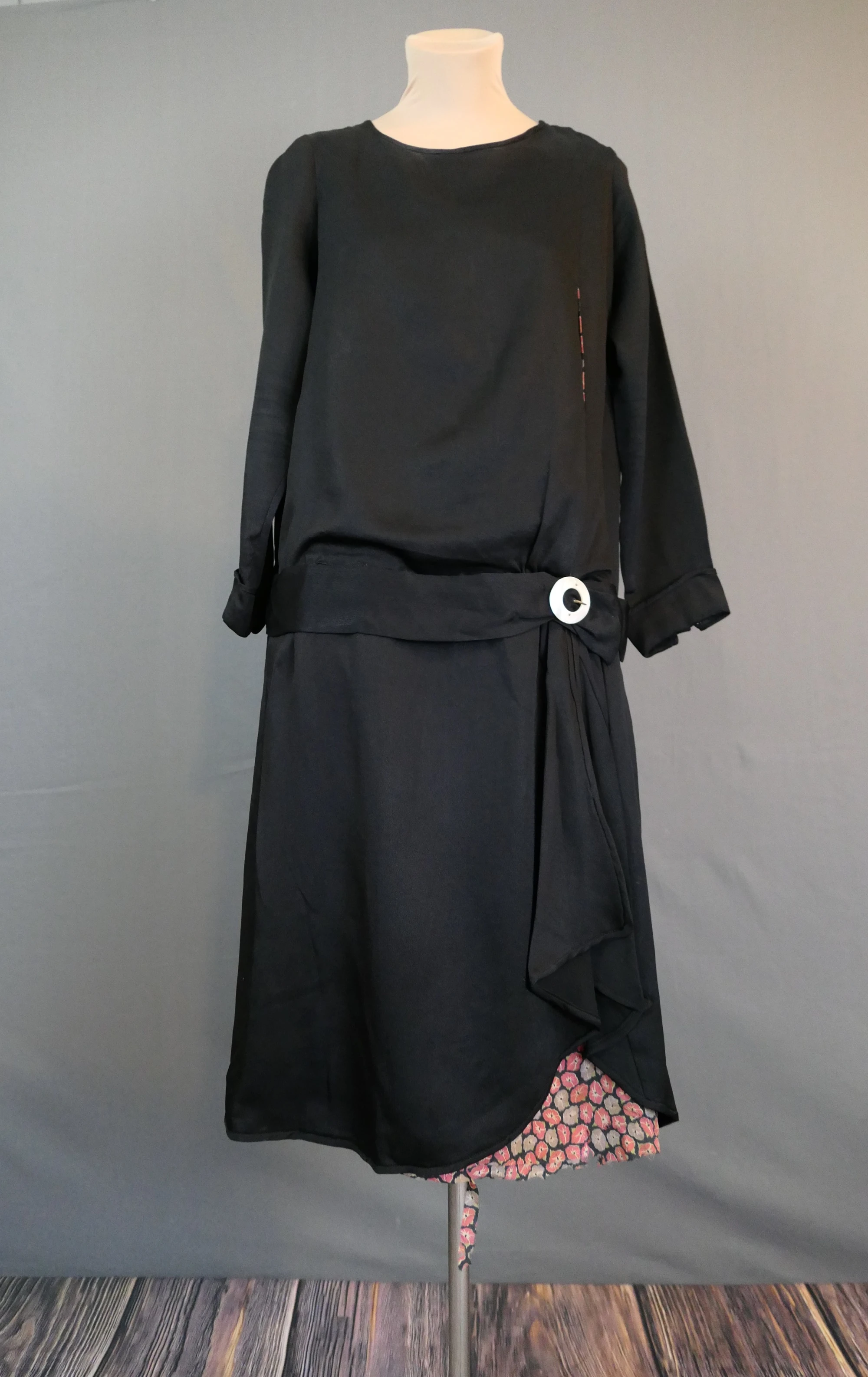1920s Vintage Black Dress with Floral Print Insert, silk, fits 38 inch bust, some issues