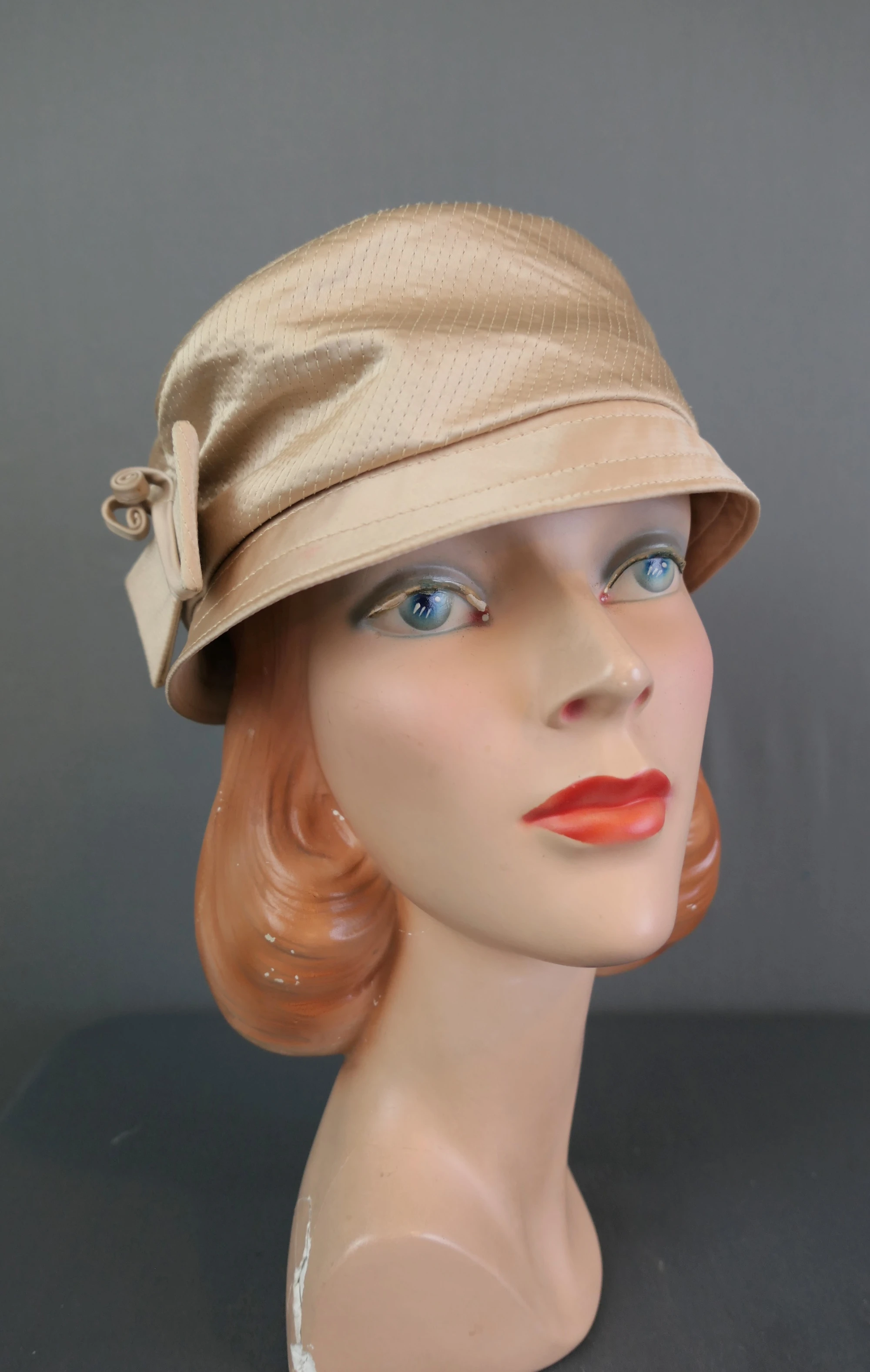Vintage Champagne Satin Hat, 1960s, fits 21 inch head, topstitched