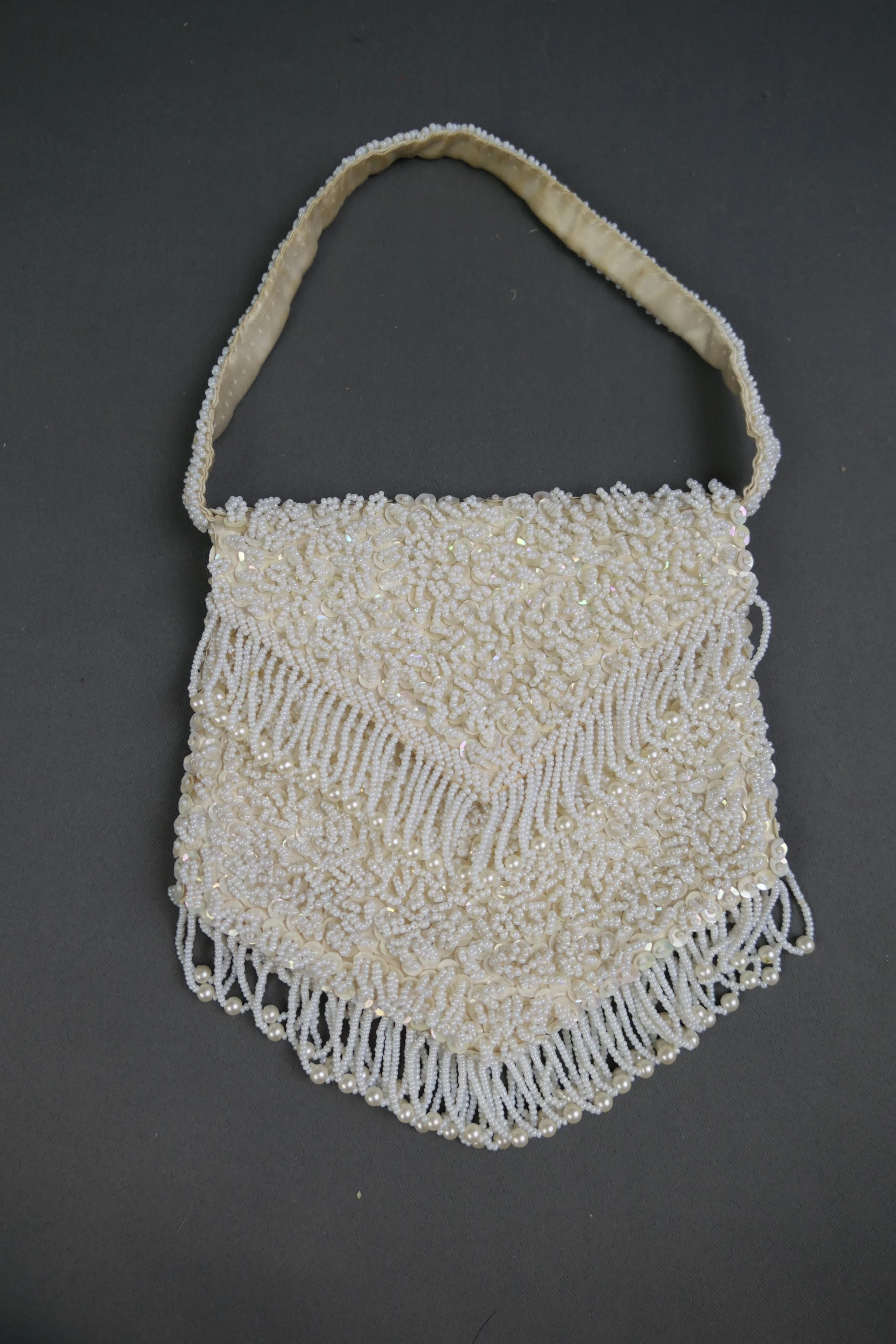 Vintage White Beaded Purse, 1960s Flapper style with Sequins and Bead Fringe, Wrist Evening Bag