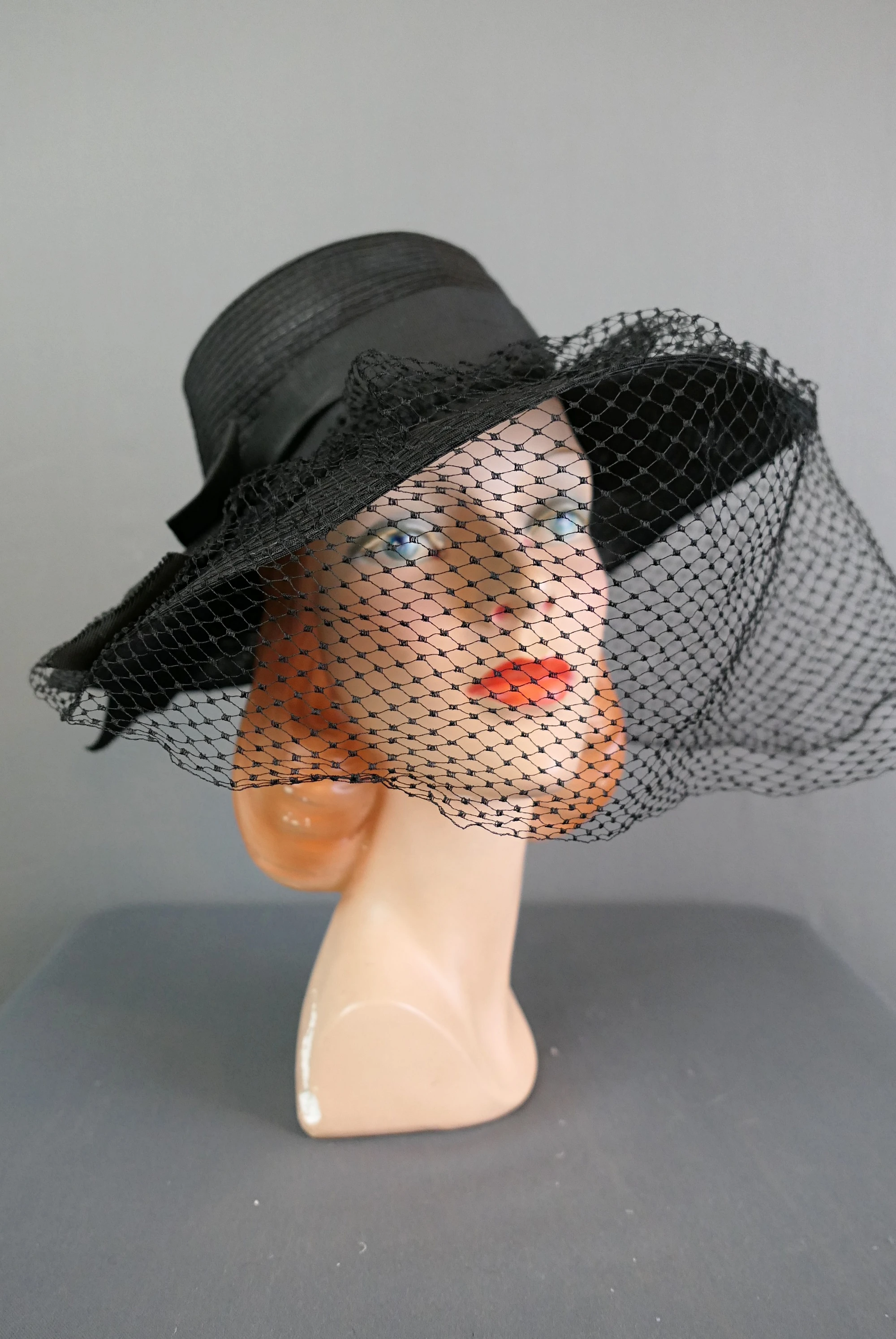 Vintage Black Wide Brim Hat with Veil, 1960s, 21 inch head, Drama