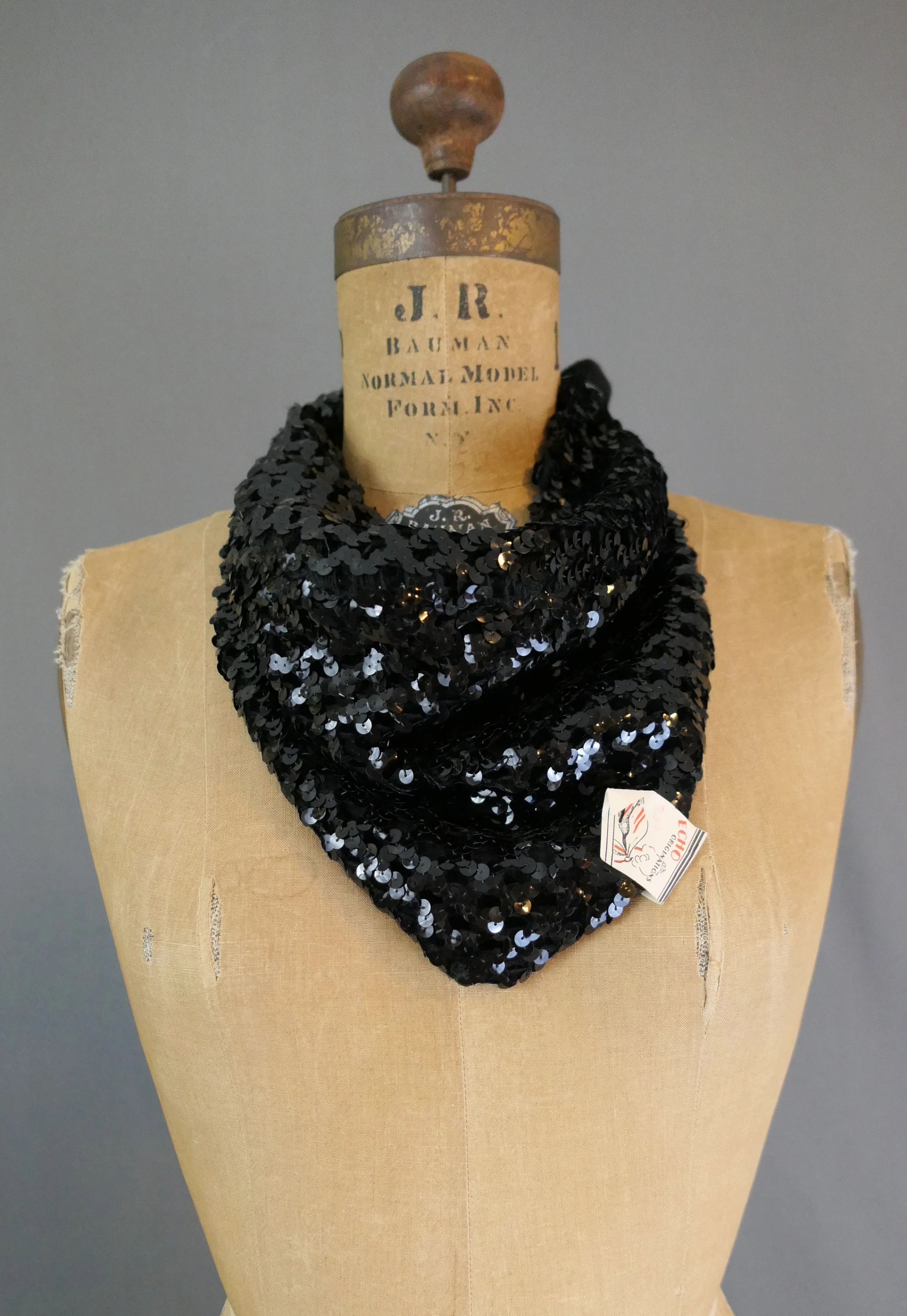 Vintage 1940s Echo Scarf, Sequins on Wool, Evening Neck Scarf, unworn