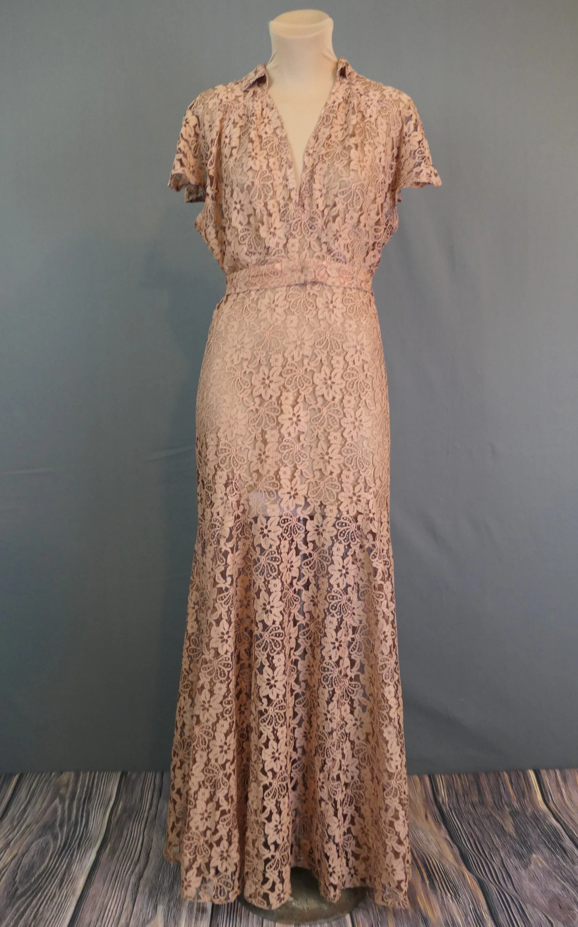 DAMAGED 1930s Vintage Long Lace Gown, Mauve Pink, fits 38 inch bust, holes, delicate