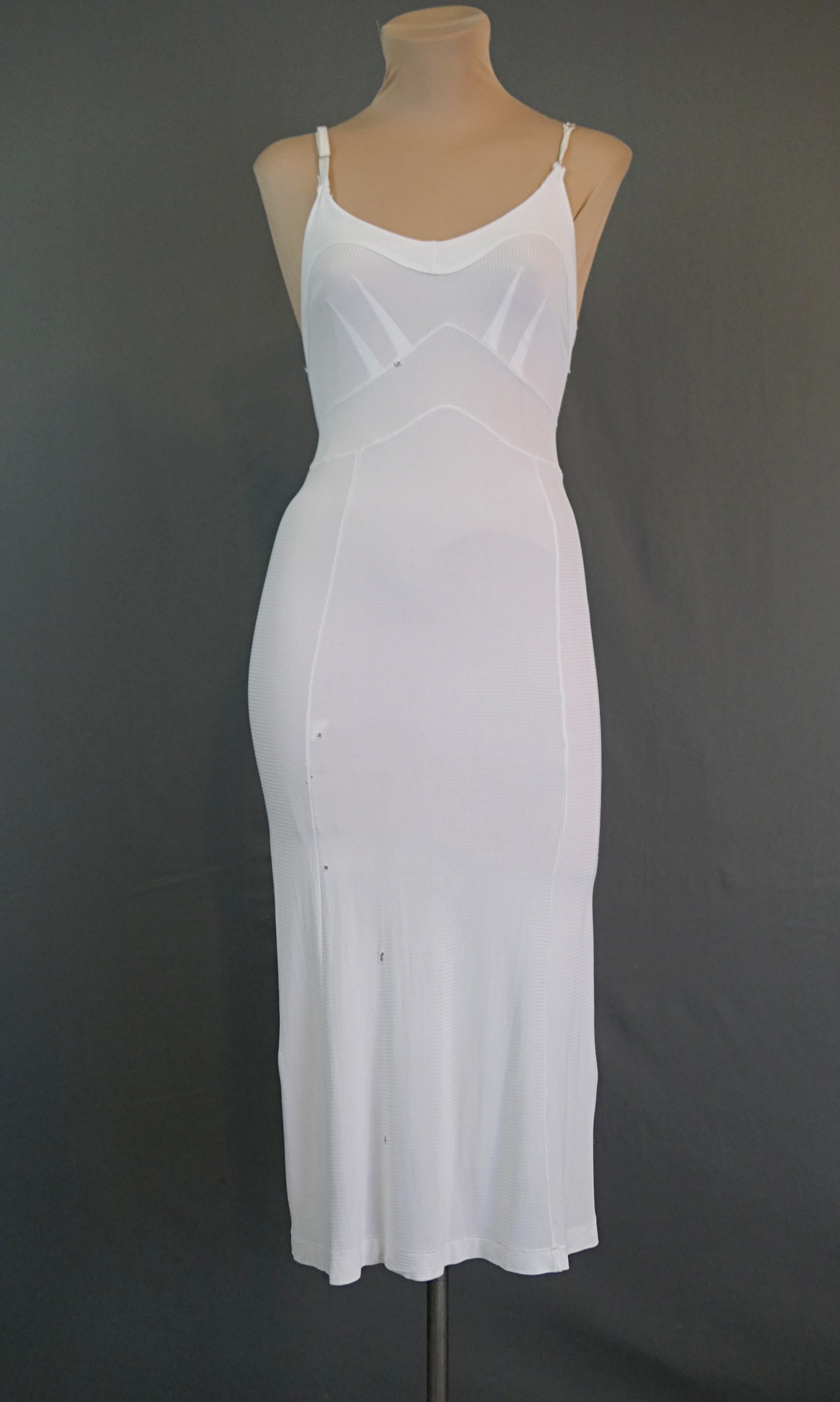 Vintage 1930s White Rayon Jersey Full Slip, HOLES, XS 30 inch bust