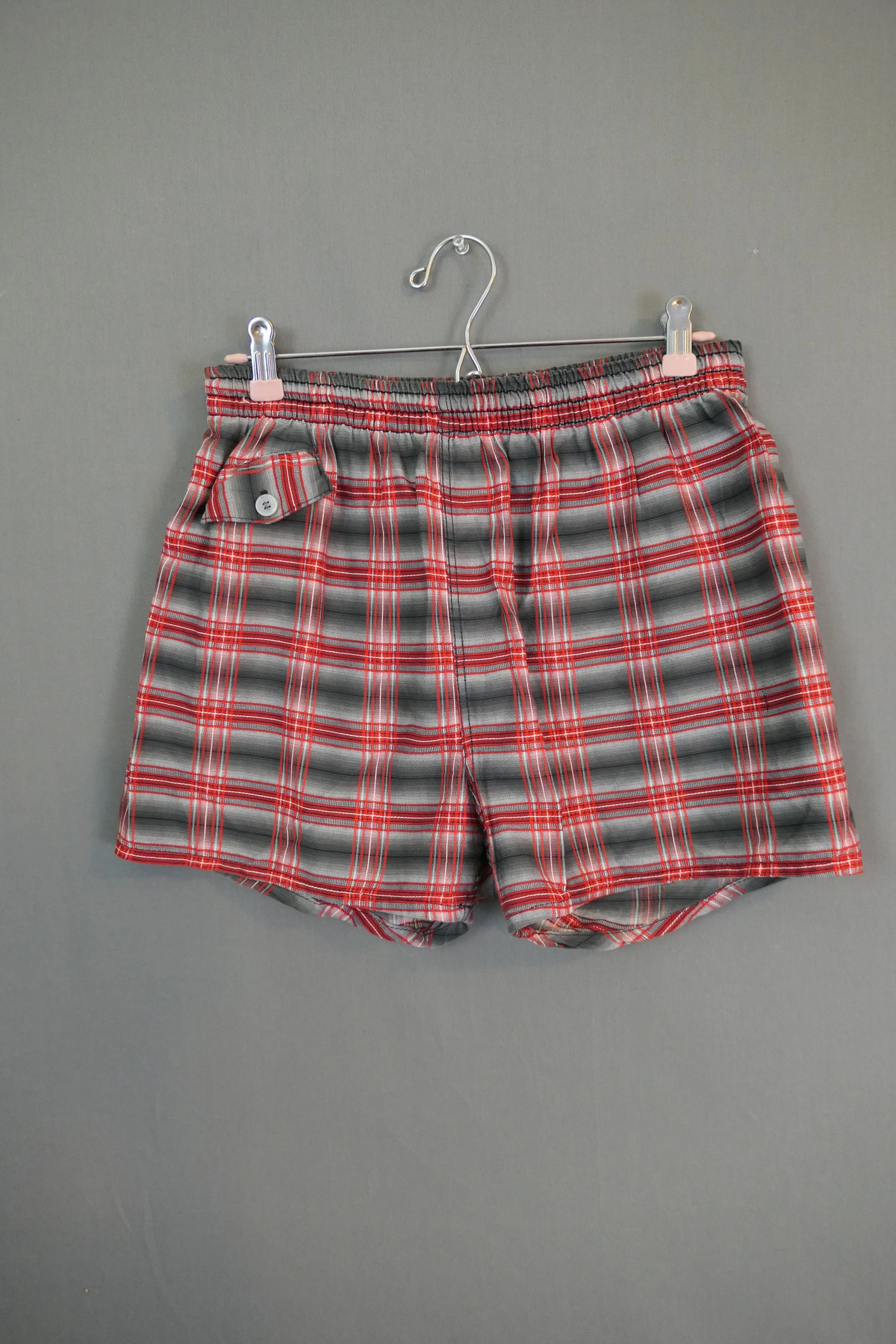 Vintage Men's Red & Black Plaid Swimsuit, 1960s Swim Trunks,  28 to 30 waist