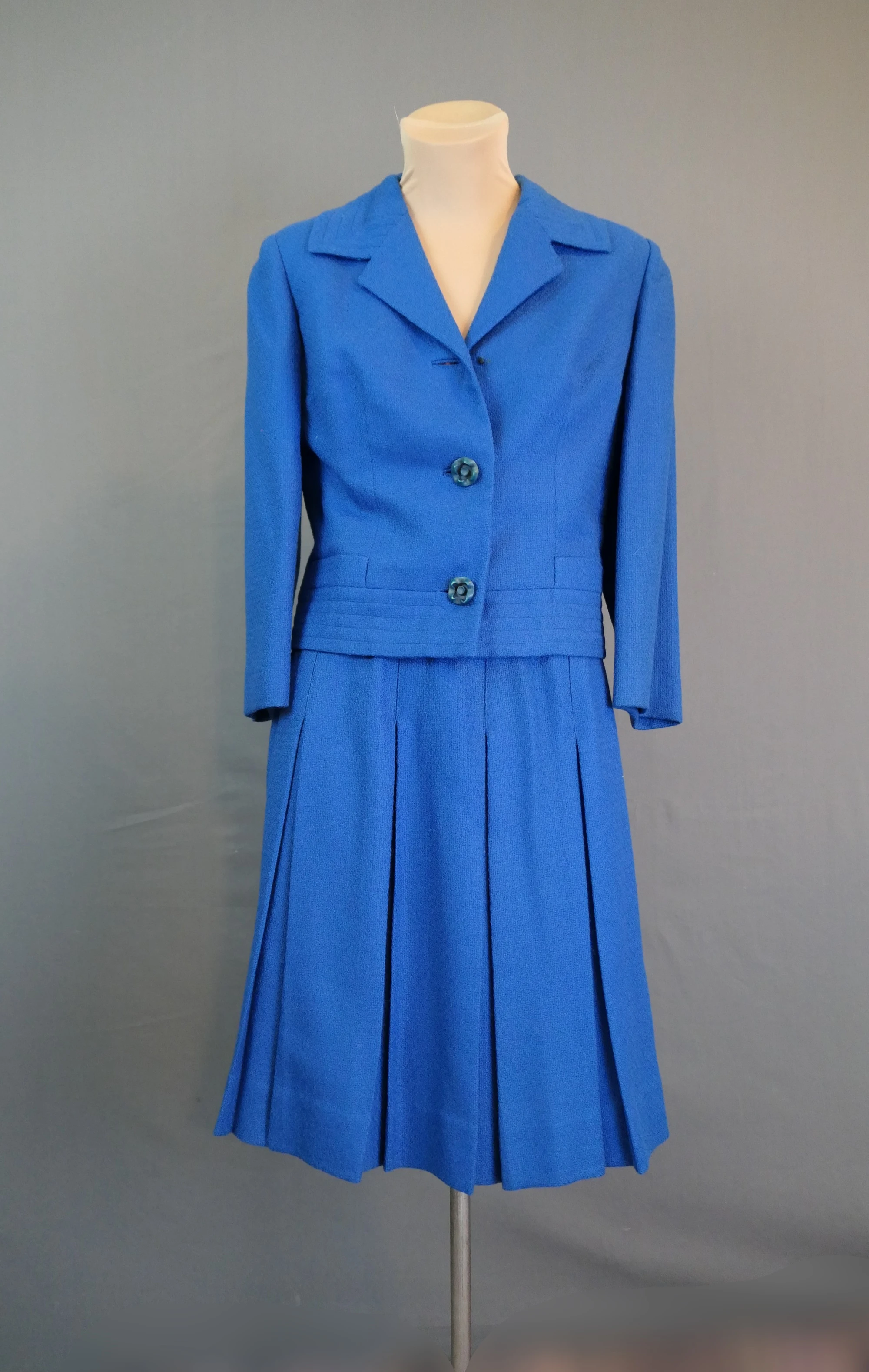 Vintage 1960s Blue Wool Suit with Pleated Skirt, 34 bust, 24 waist