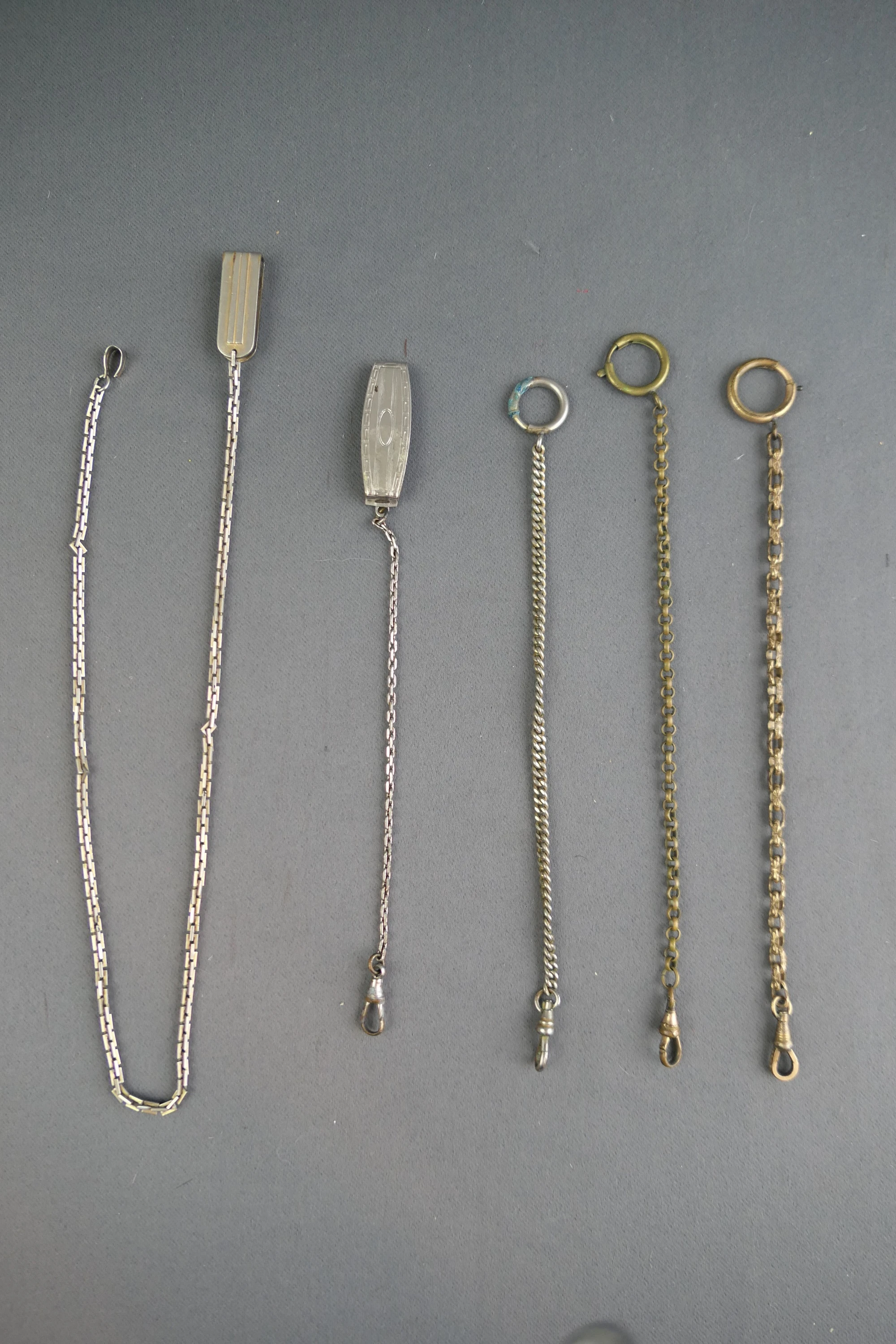5 Vintage Men's Pocket Watch Chains Fobs, 1920s, Brass & Silver tone, Swank