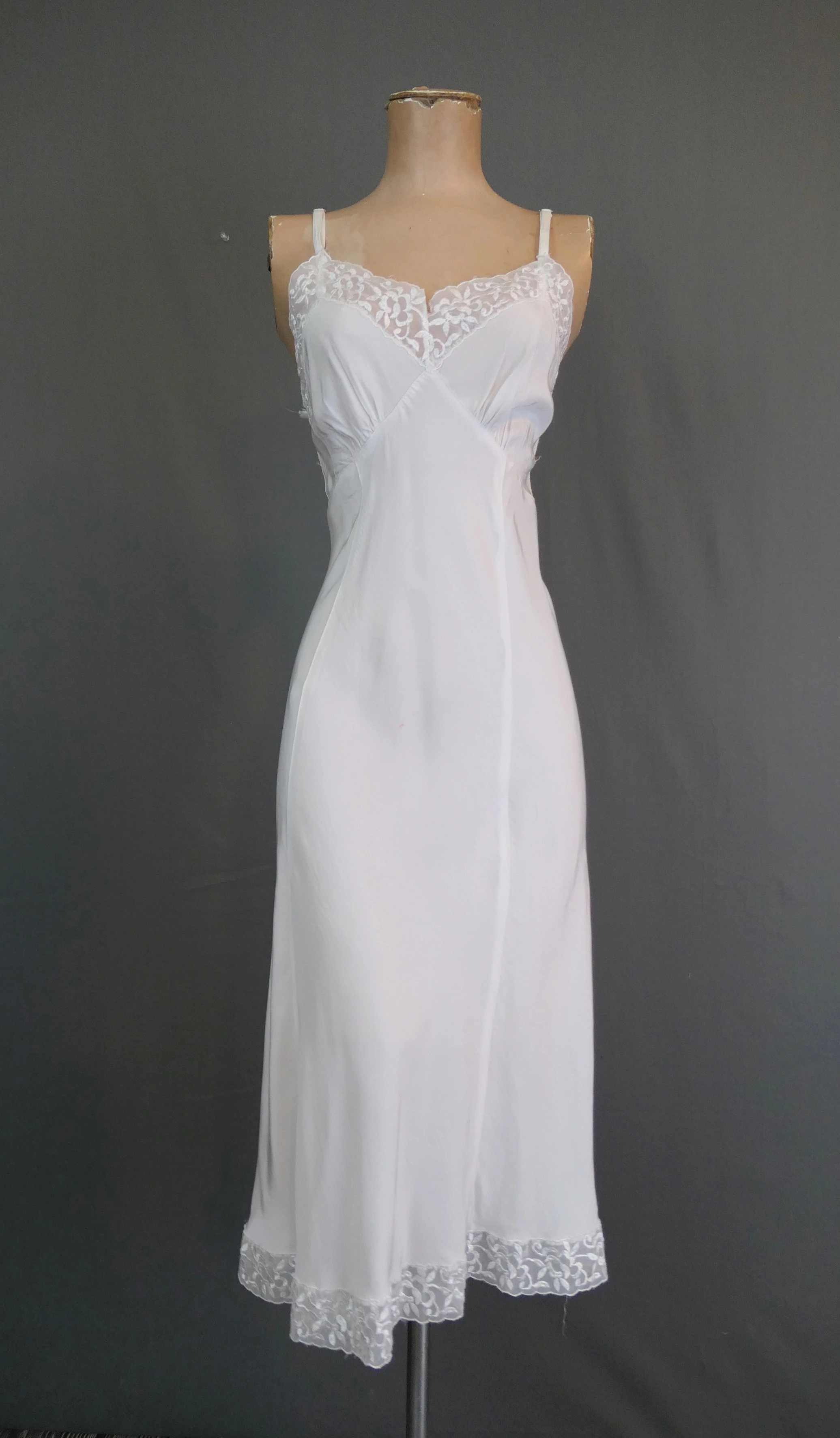 Vintage 1940s White Rayon Dress Slip, 30 inch Bust, Embroidered Sheer Lace, with issues, Philmaid