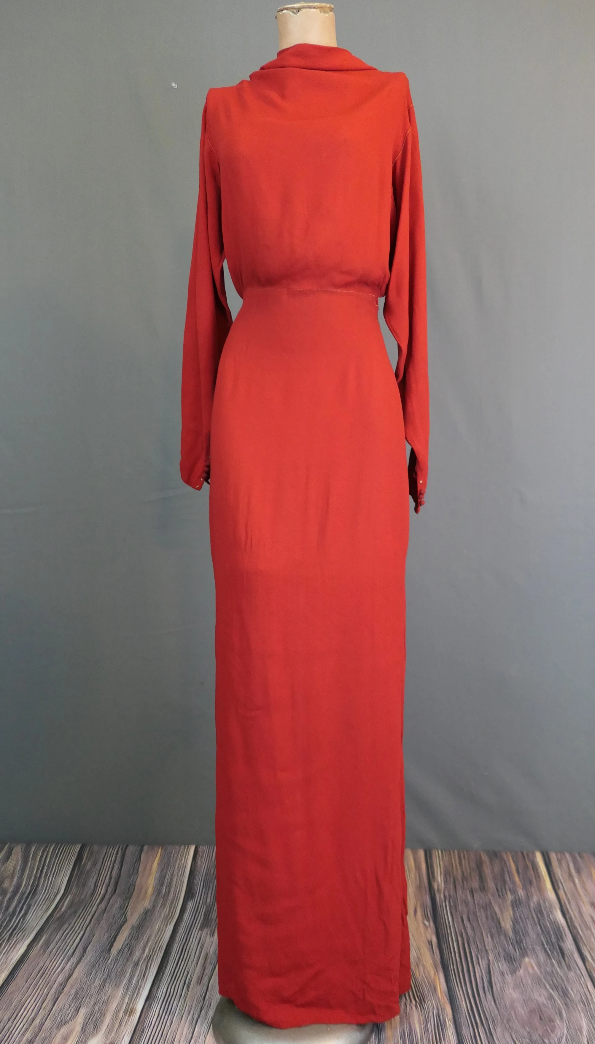 Vintage 1930s Red Crepe Evening Gown, Draped Back, issues, 36 bust, some issues