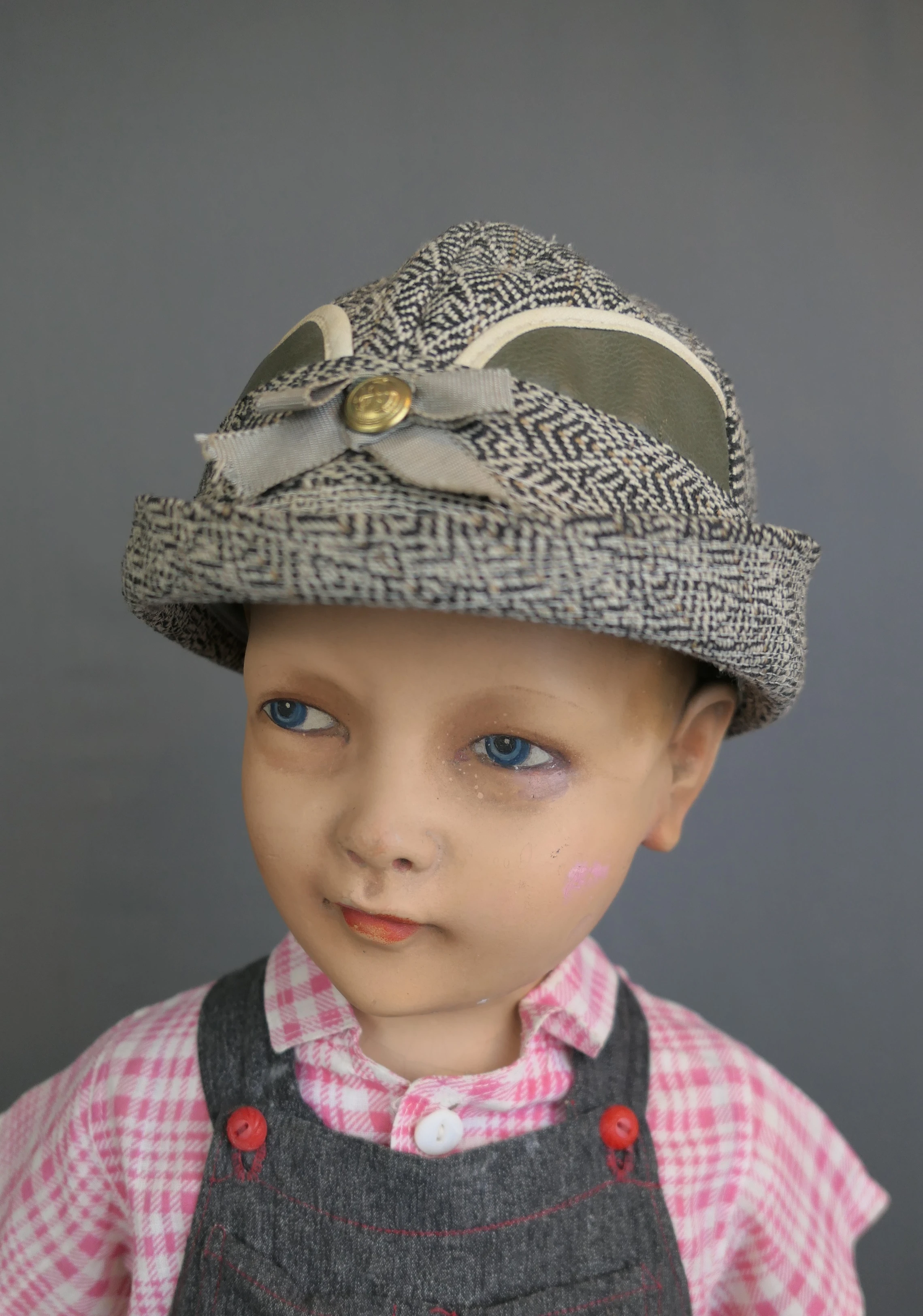 Vintage Boy's Hat 1920s 1930s, Leather trim, Button and Bow, 20in head, sz6-1/2