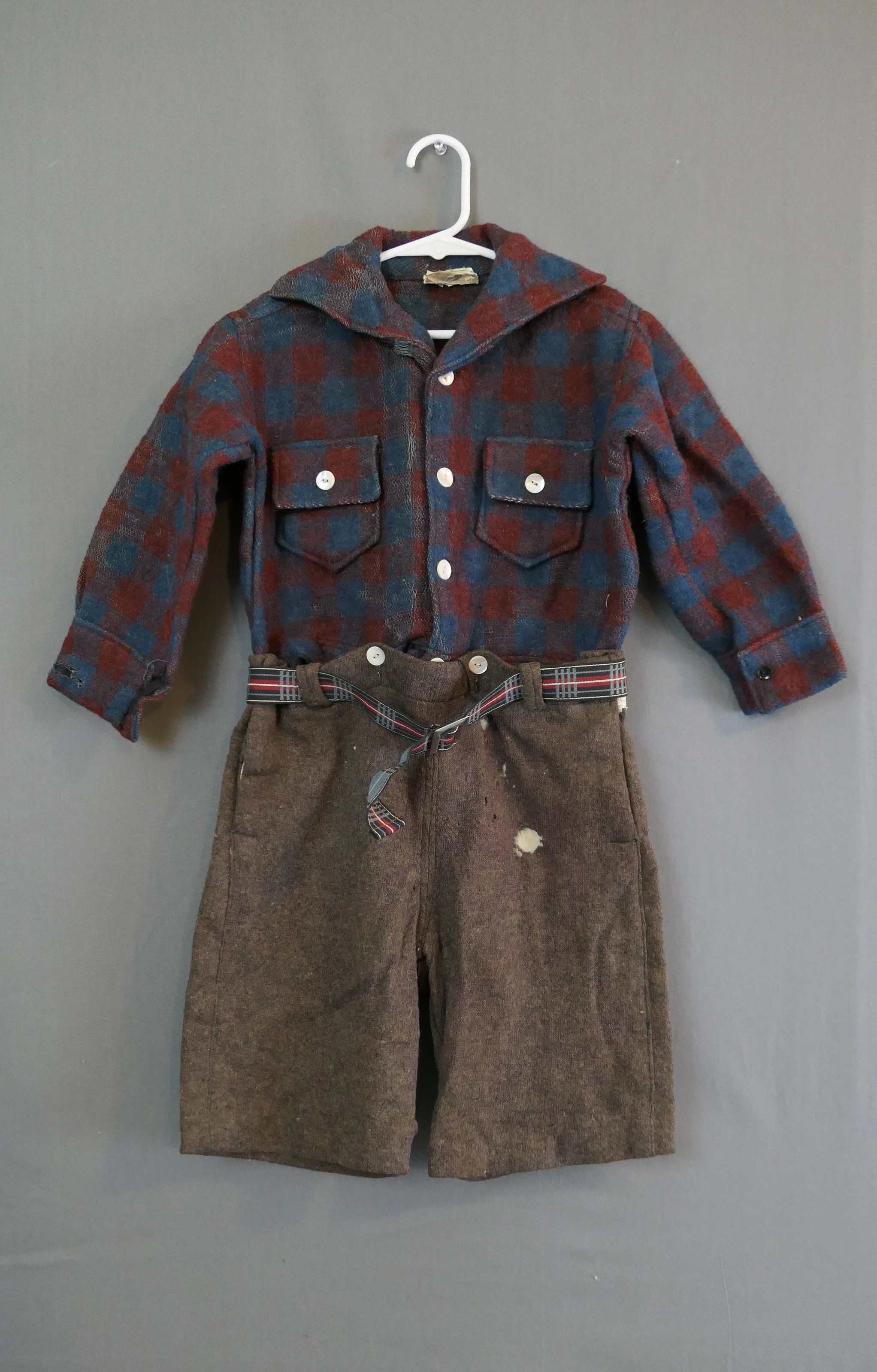 Vintage 1930s Boy's Wool Shirt & Shorts with Belt, Button Set, damaged