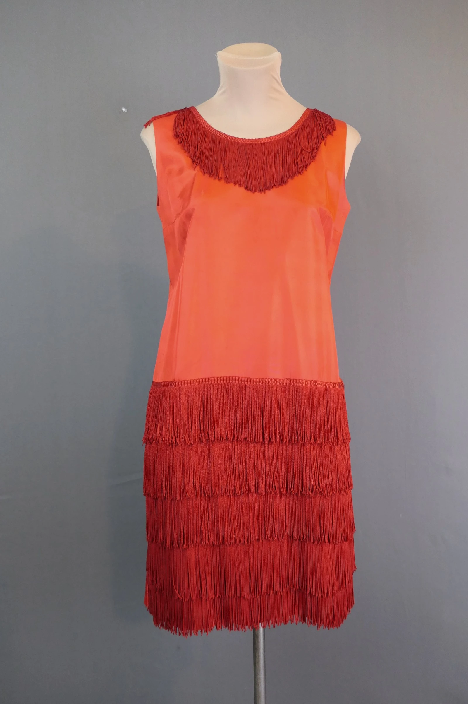 Vintage Red Fringe Dress, Taffeta Shift, 1990s, Go Go style costume, 34 bust