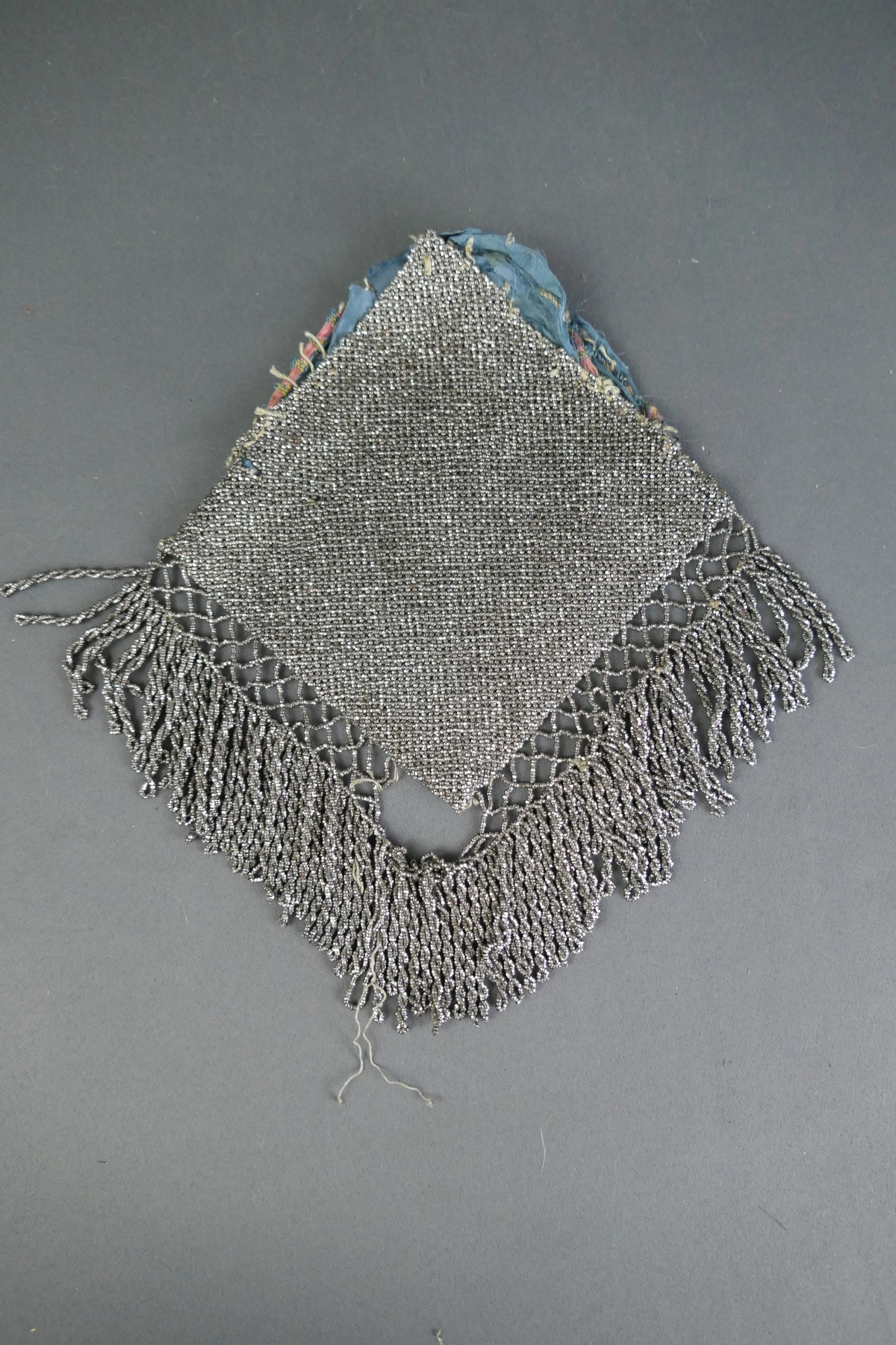 DAMAGED Antique Steel Cut Micro Beaded Purse 1910s to 1920s, Silver metal beads with fringe PARTS