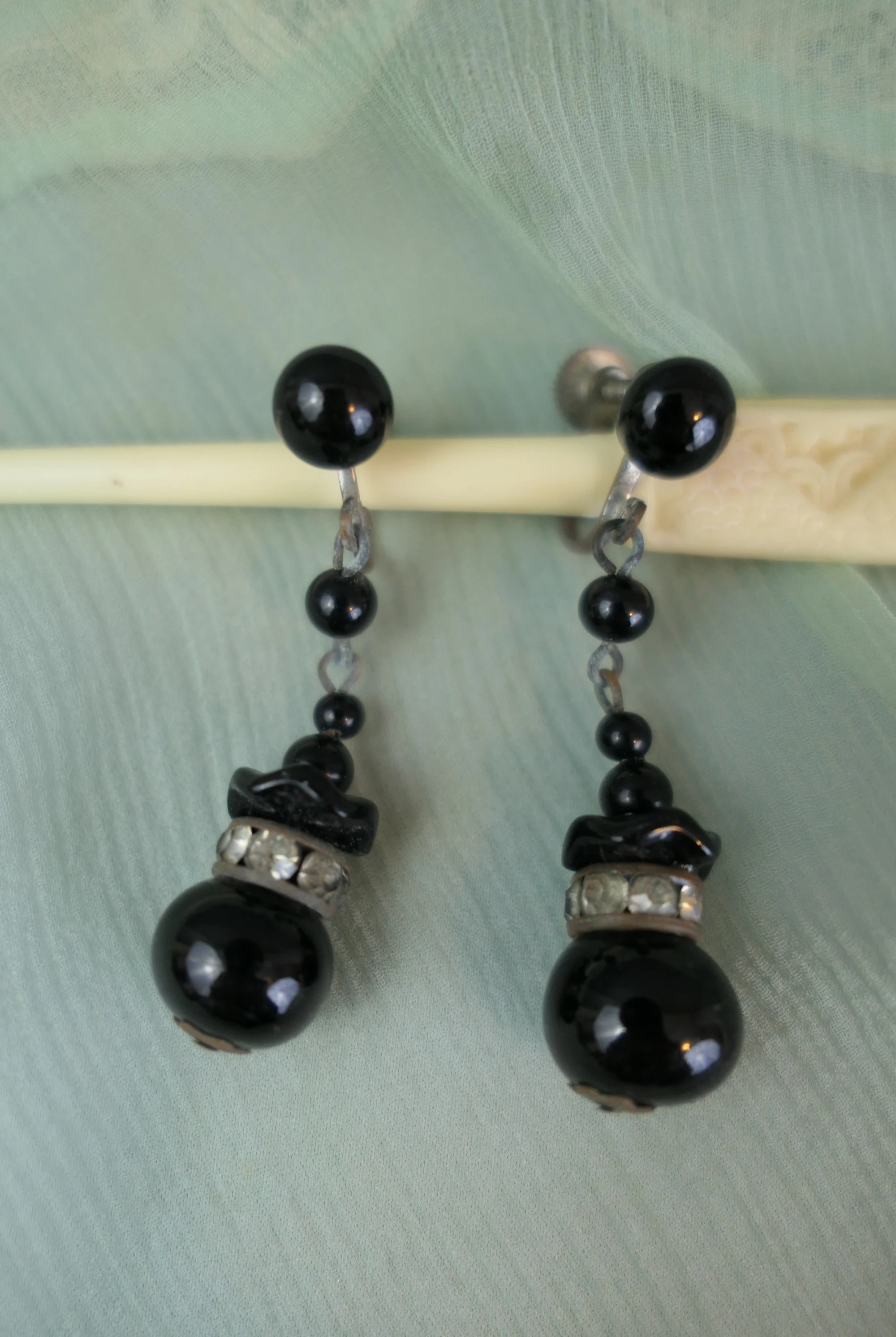 Vintage Black Glass & Rhinestone Earrings, Dangling Art Deco 1940s