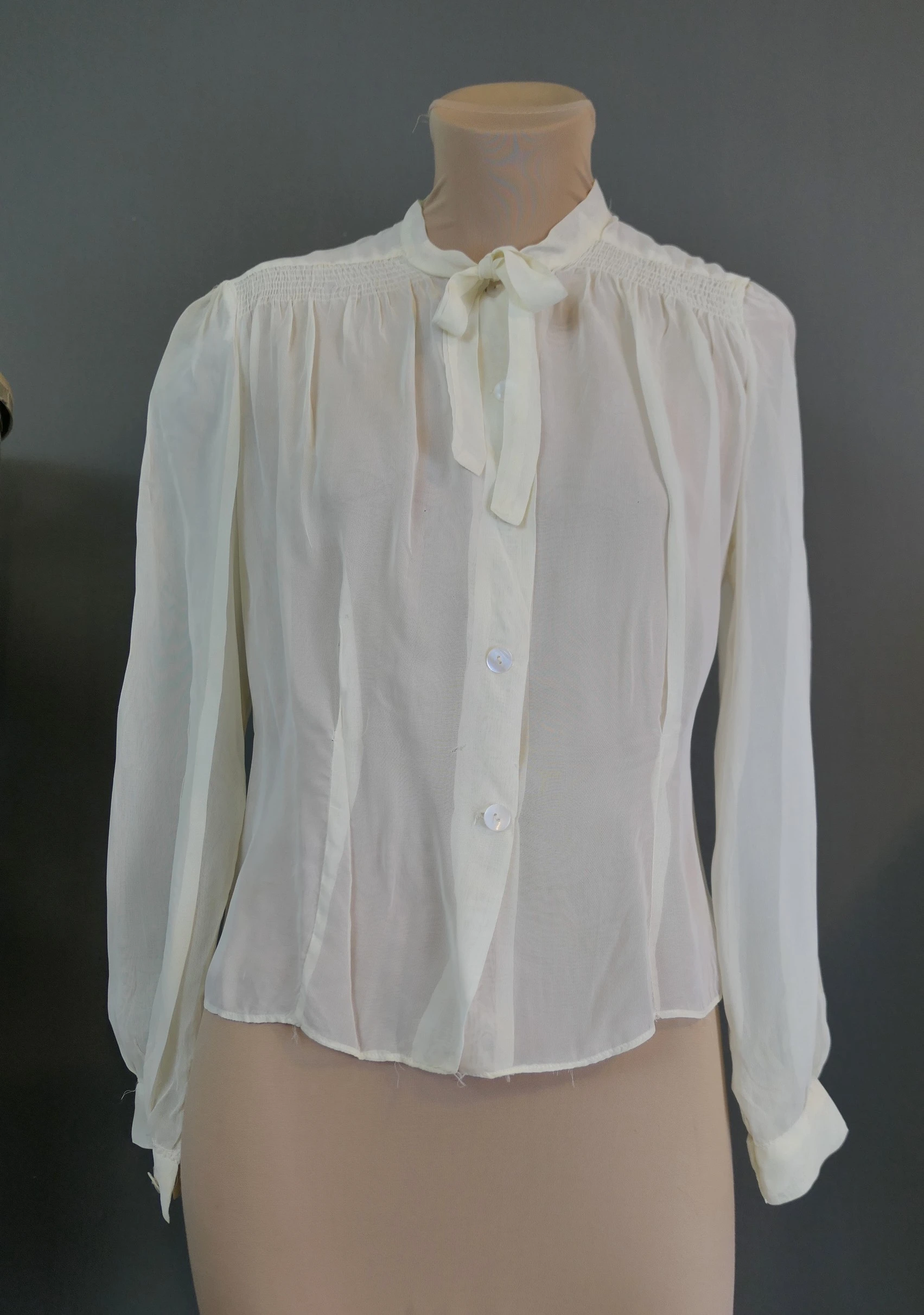 Vintage 1930s Sheer Cream Rayon Blouse, 36 bust, Long Sleeves, issues