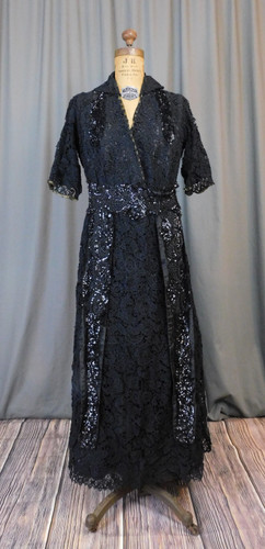 AMERI　Vintage　Antique Lace Dress / Black Edwardian Black Lace Dress with Beads and Sequins 34 bust, 1900s