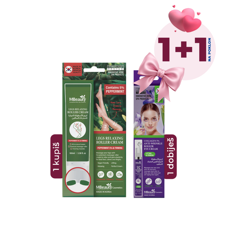 MBEAUTY Legs Relaxing krema u tubi sa rolerom + NA POKLON MBEAUTY Collagen 5% ANTI-WRINKLE krema za područje oko očiju sa rolerom, 100ml + 15g