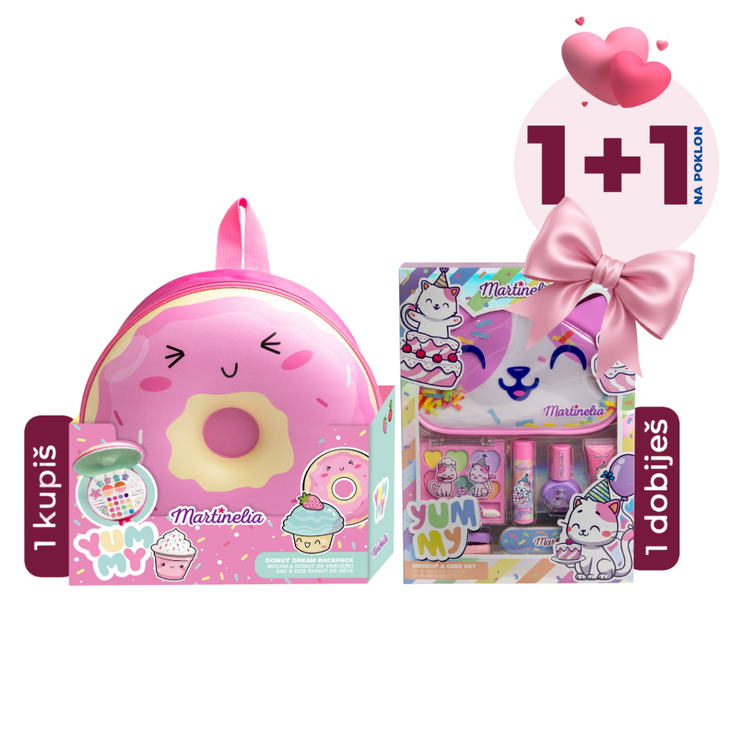 Martinelia Yummy Donut dečiji set za šminkanje u rancu + NA POKLON Martinelia Yummy dečiji set za šminkanje sa torbicom, 33/1 + 8/1