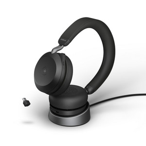 Jabra Evolve2 75 MS Stereo ANC Headset, With Link 380 Wireless Dongle, With Charging Stand, USB-C (Black)