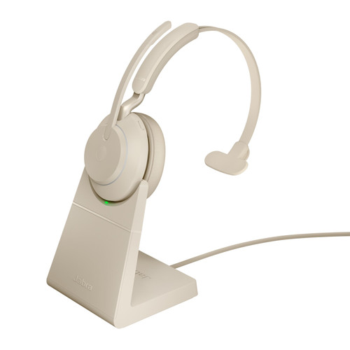Jabra Evolve2 65 MS Mono Office Headset, Link 380 USB-A Wireless Adapter, Charging Stand (Beige) Jabra Evolve2 65 MS Mono Office Headset, Link 380 USB-A Wireless Adapter, Charging Stand (Beige)