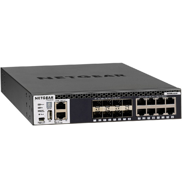 Netgear 16-Port Fully Managed Switch M4300-8X8F, 16x10G, 8x10GBASE-T, 8xSFP+, Half-Width Stackable, ProSAFE Lifetime Protection