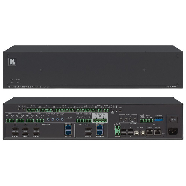 Kramer VS-84UT All–in–One Presentation System with 8x4 4K60 4:2:0 HDMI/HDBaseT 2.0 Matrix Switch, Master Room Controller, PoE & Power Amplifier