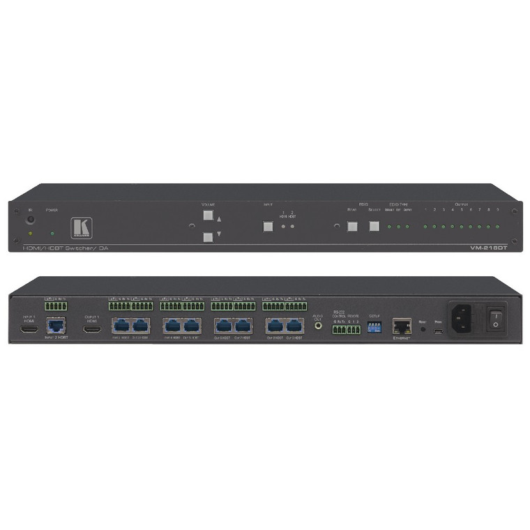 Kramer VM-218DT 2x1:8 4K60 4:2:0 HDMI & Long–Reach HDBaseT, RS–232, IR & Stereo Audio Switchable DA