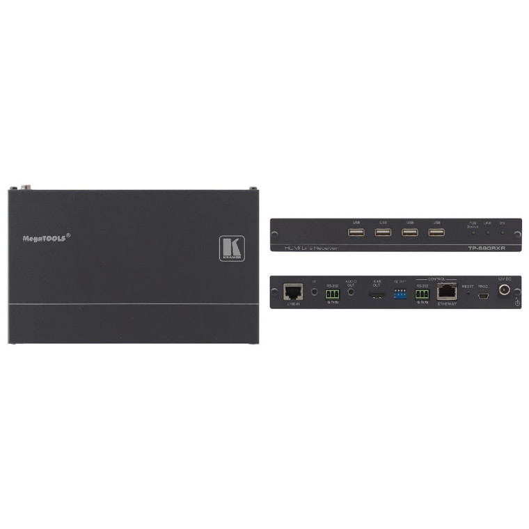 Kramer TP-590RXR 4K60 4:2:0 HDMI PoE Receiver with USB, Ethernet, RS–232, IR & Stereo Audio De–embedding Over Extended–Reach HDBaseT 2.0