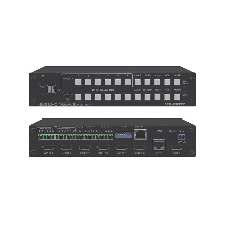 Kramer VS-62DT 6x2 4K60 4:2:0 HDMI/HDBaseT Long–Reach PoE Matrix Switcher